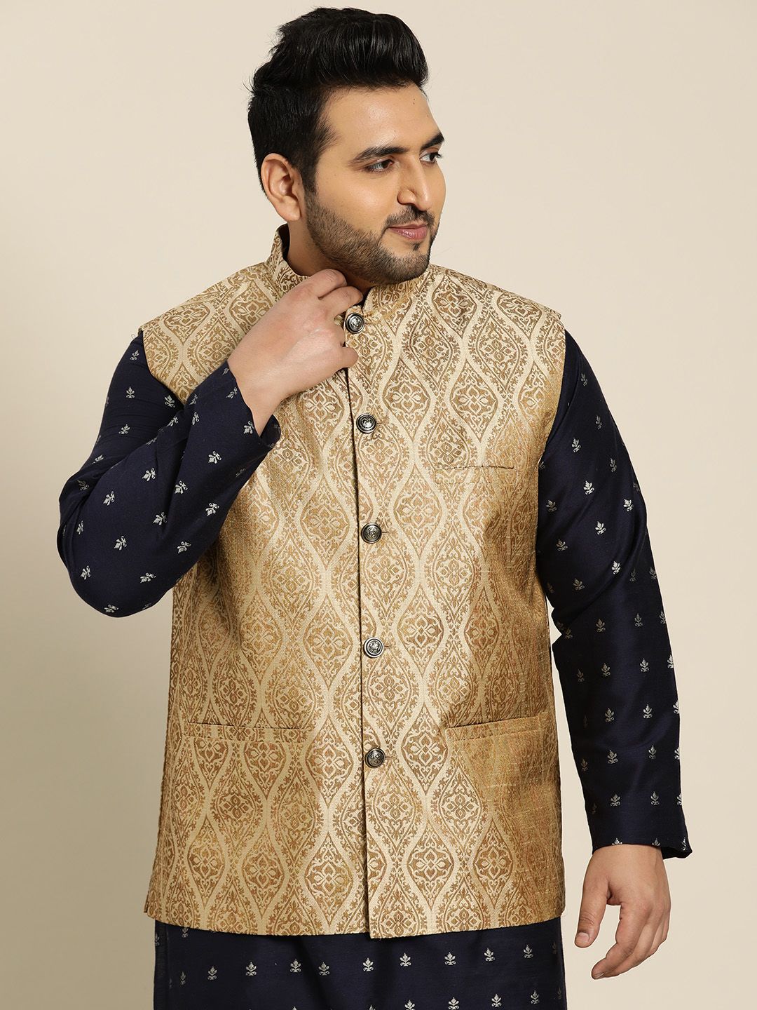 Sojanya PLUS Men's Beige & Golden Woven Design Nehru Jacket-picture-31