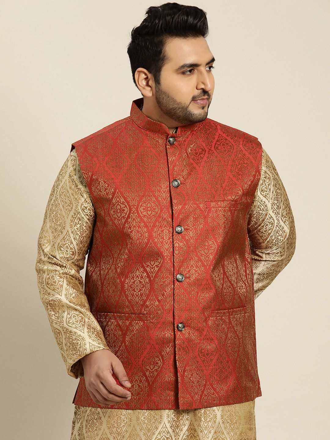 SOJANYA PLUS Men Red & Golden Woven Design Jacquard Nehru Jacket-picture-10