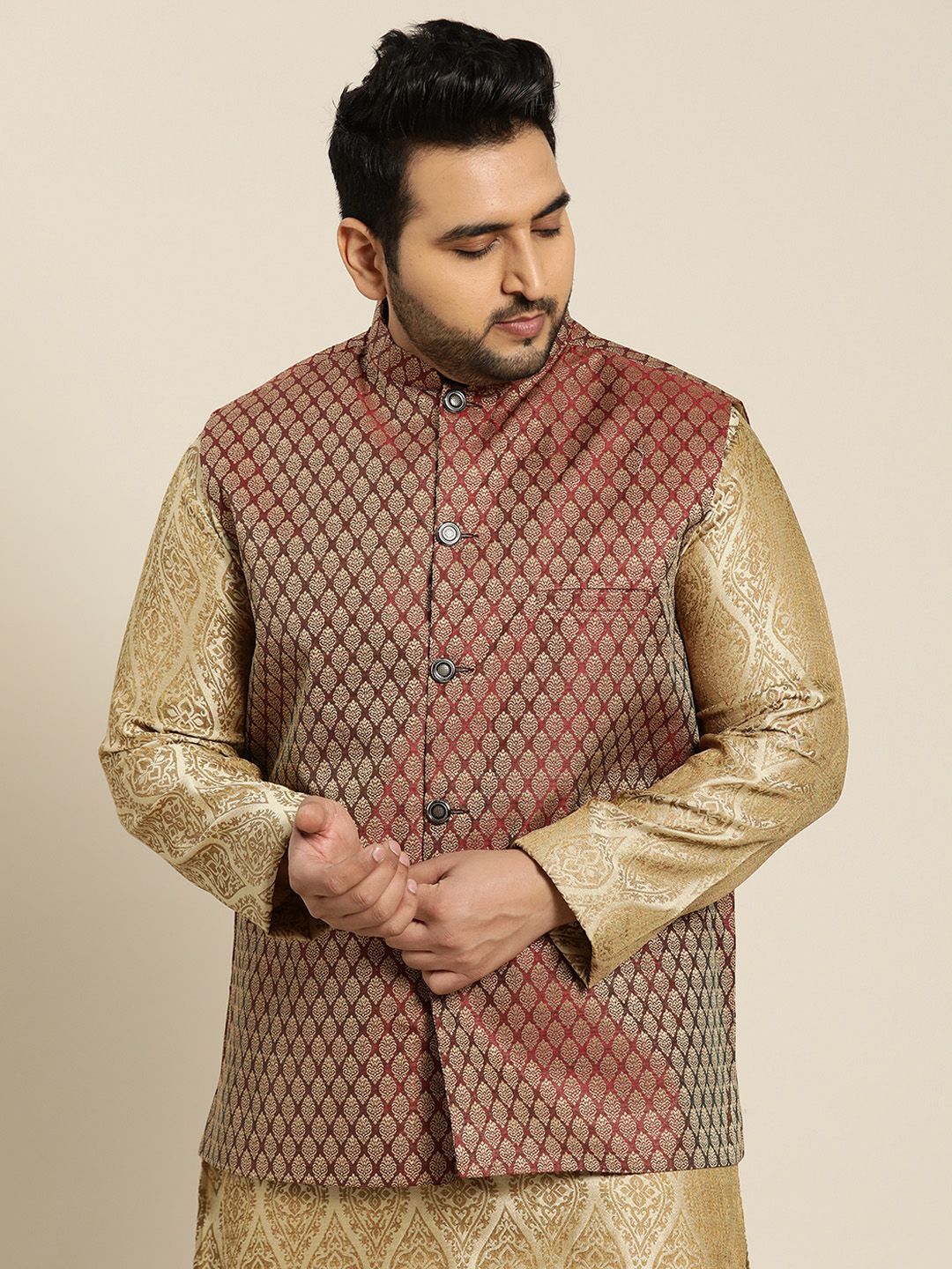 Sojanya PLUS Men's Maroon & Golden Woven Design Nehru Jacket-picture-27