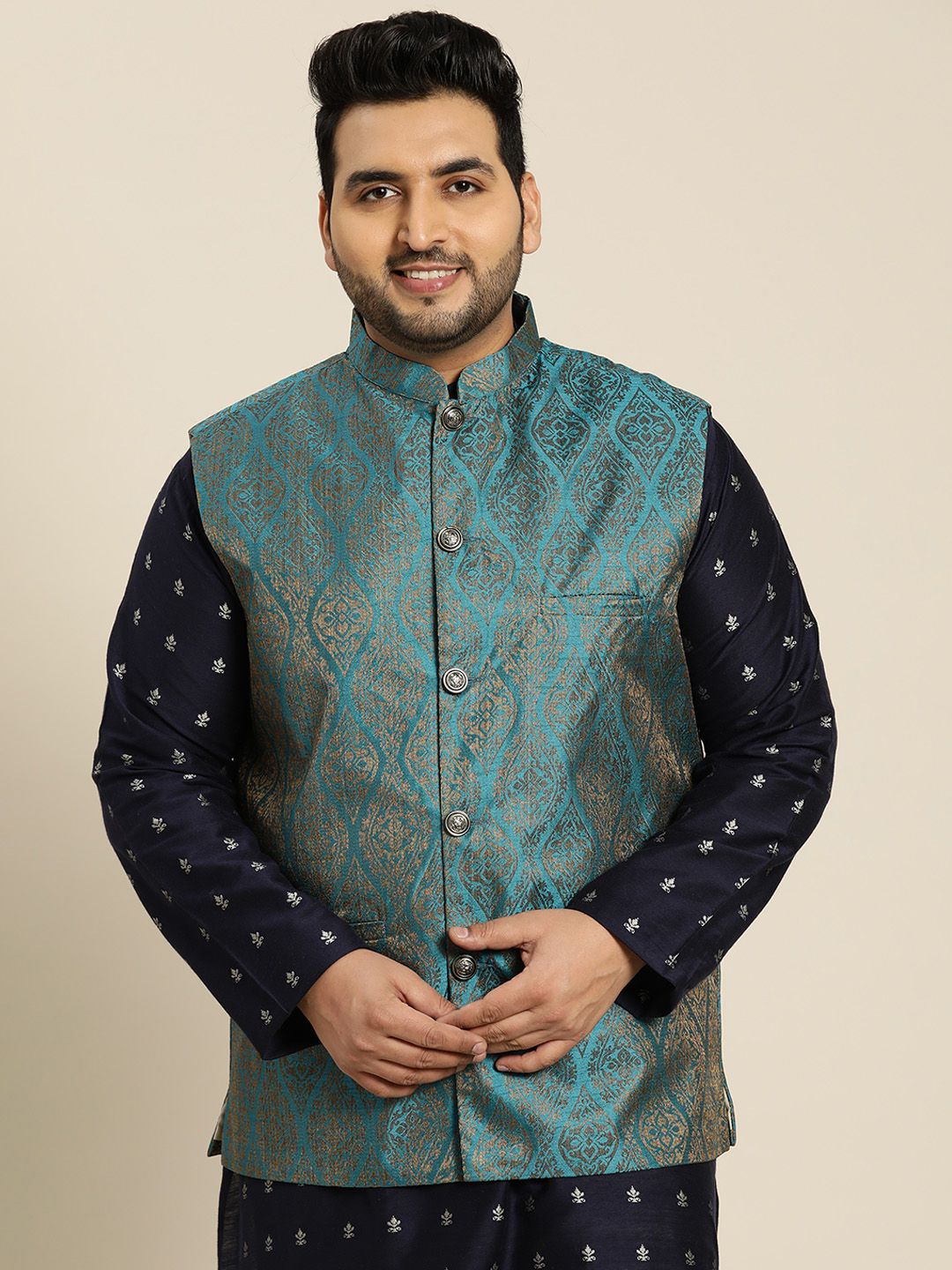 SOJANYA PLUS Men Teal Jacquard Nehru Jacket-picture-12
