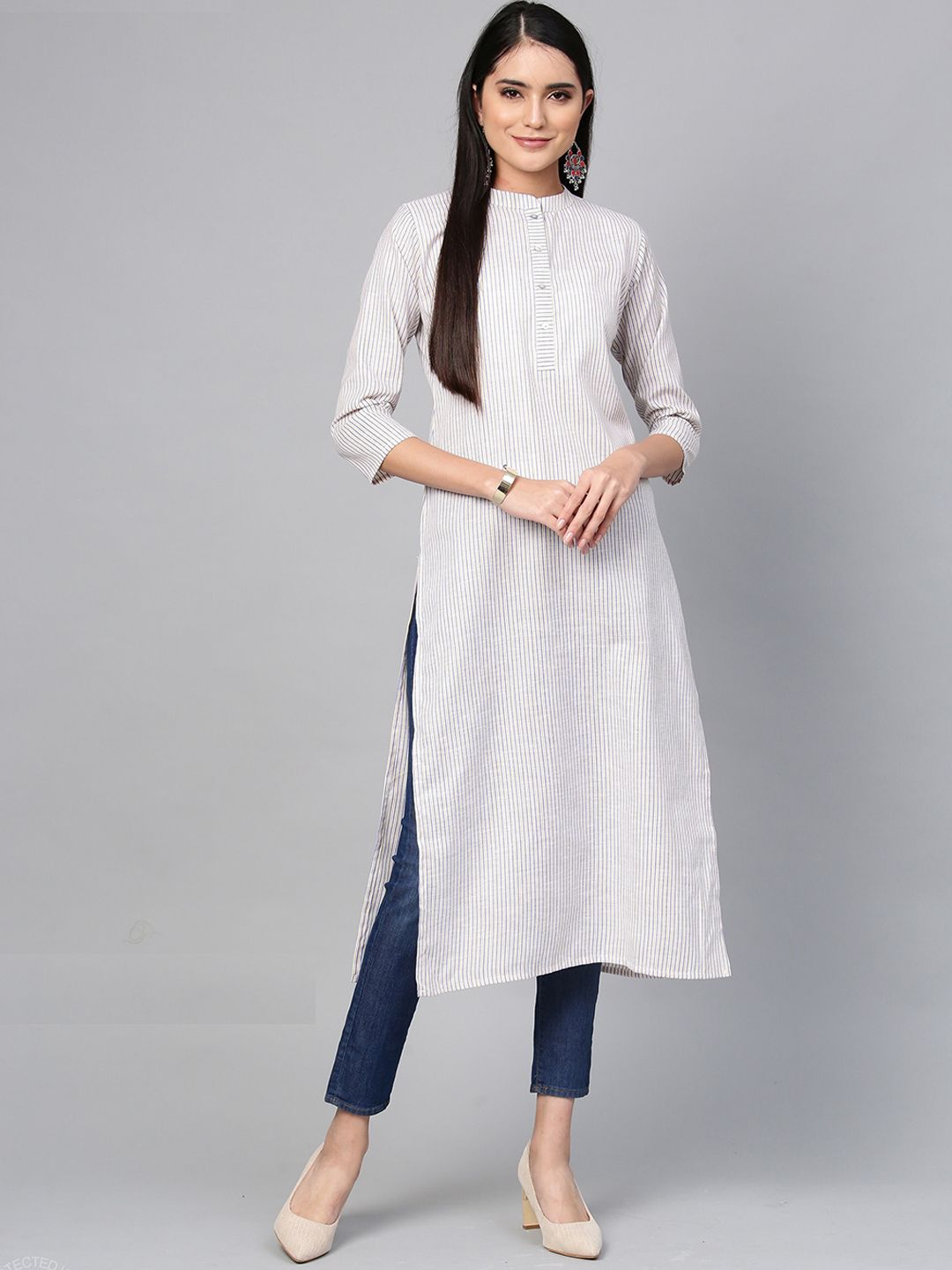 Indo Era Women Blue & White Striped Cotton Kurta-picture-24