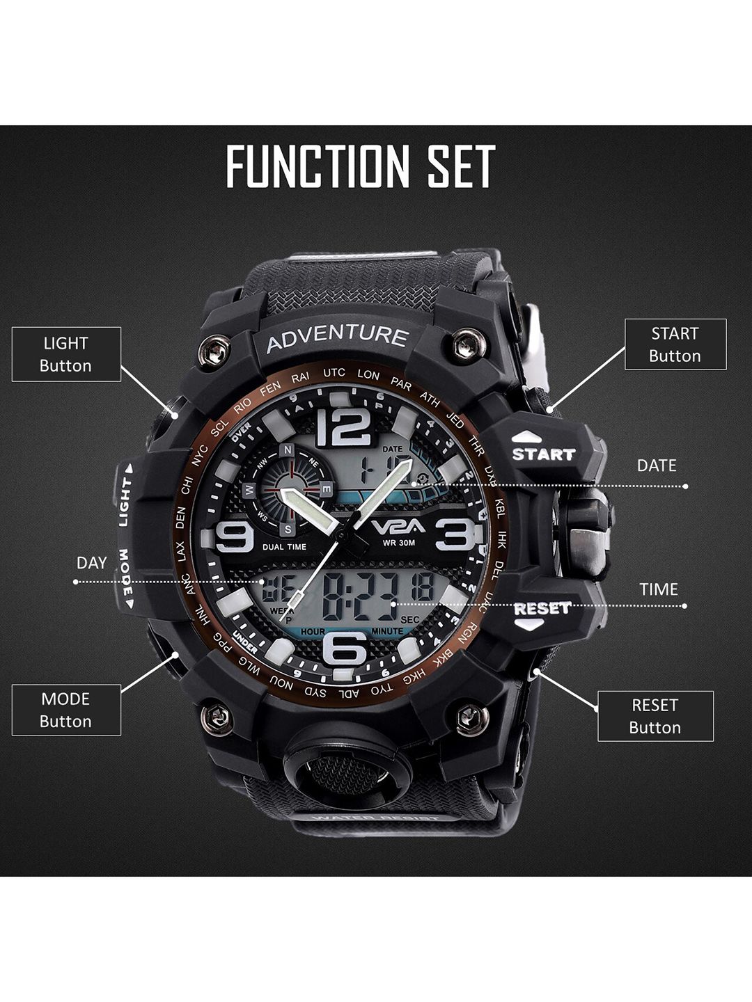 V2A Men Black Patterned Dial & Black Straps Analogue and Digital Multi Function Watch-picture-10