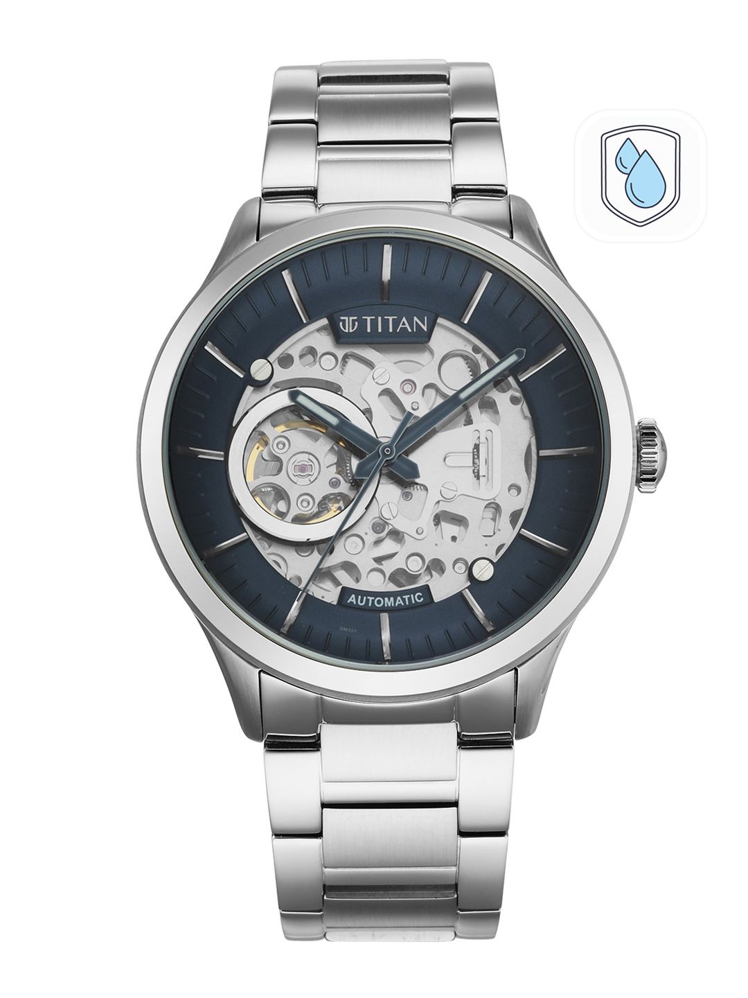 Titan Men Blue Skeleton Dial & Silver Toned Bracelet Style Straps Analogue Watch90140SM01