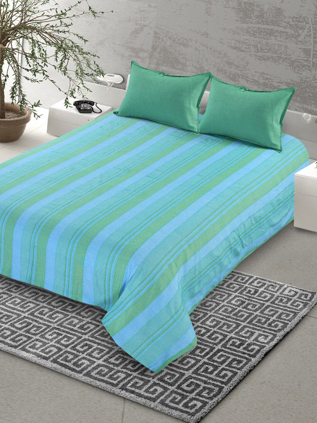 Saral Home Green & Blue Striped 160 TC King Bedsheet with 2 Pillow Covers-image-7