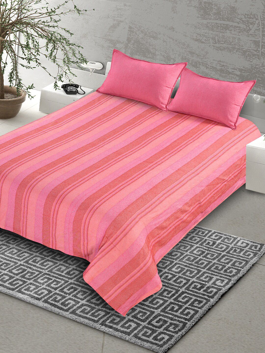 Saral Home Pink Striped 160 TC King Bedsheet with 2 Pillow Covers