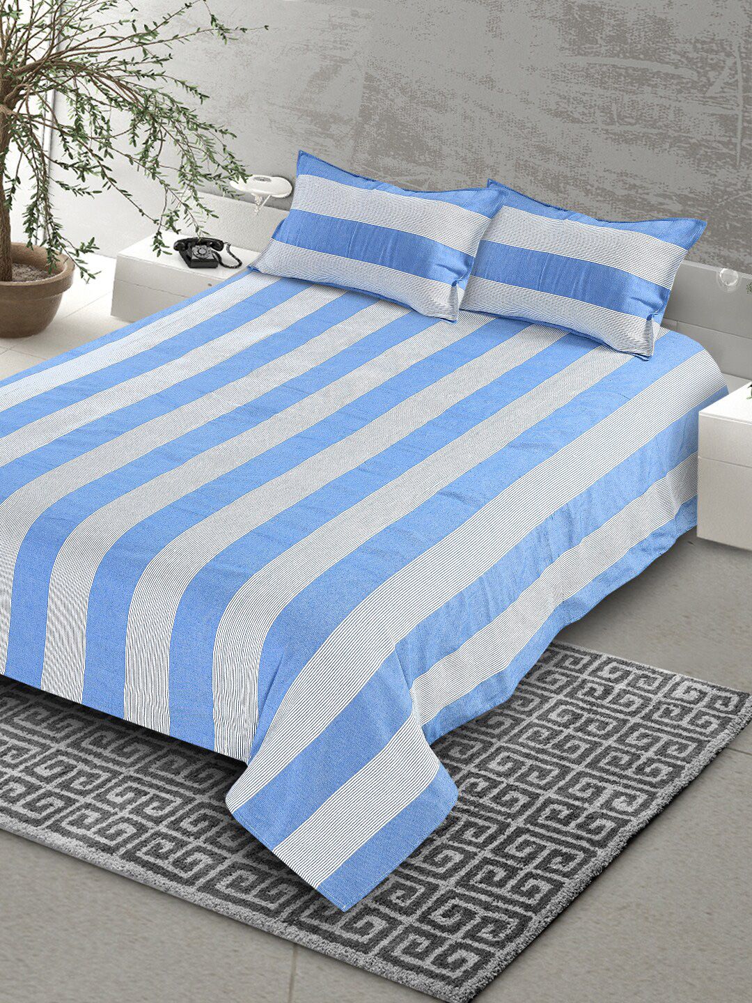 Saral Home Blue & White Striped Cotton 160 TC King Bedsheet with 2 Pillow Covers