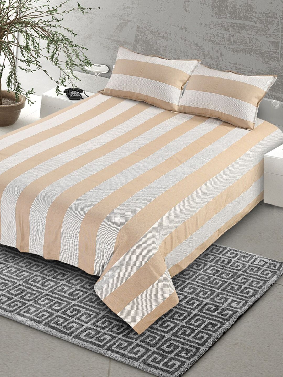 Saral Home Beige & White Striped 160 TC King Bedsheet with 2 Pillow Covers