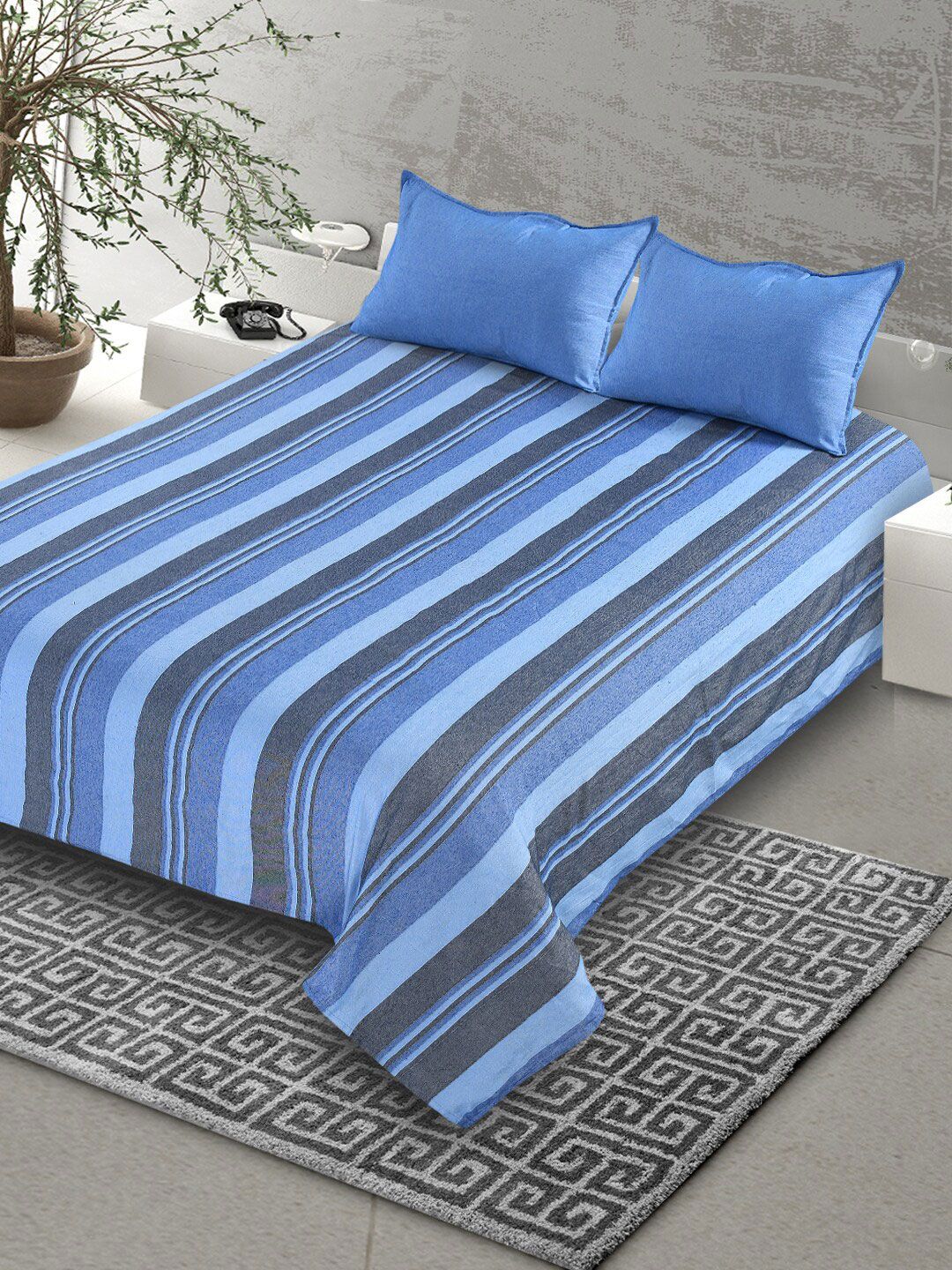 Saral Home Blue Striped 160 TC King Bedsheet with 2 Pillow Covers-image-8