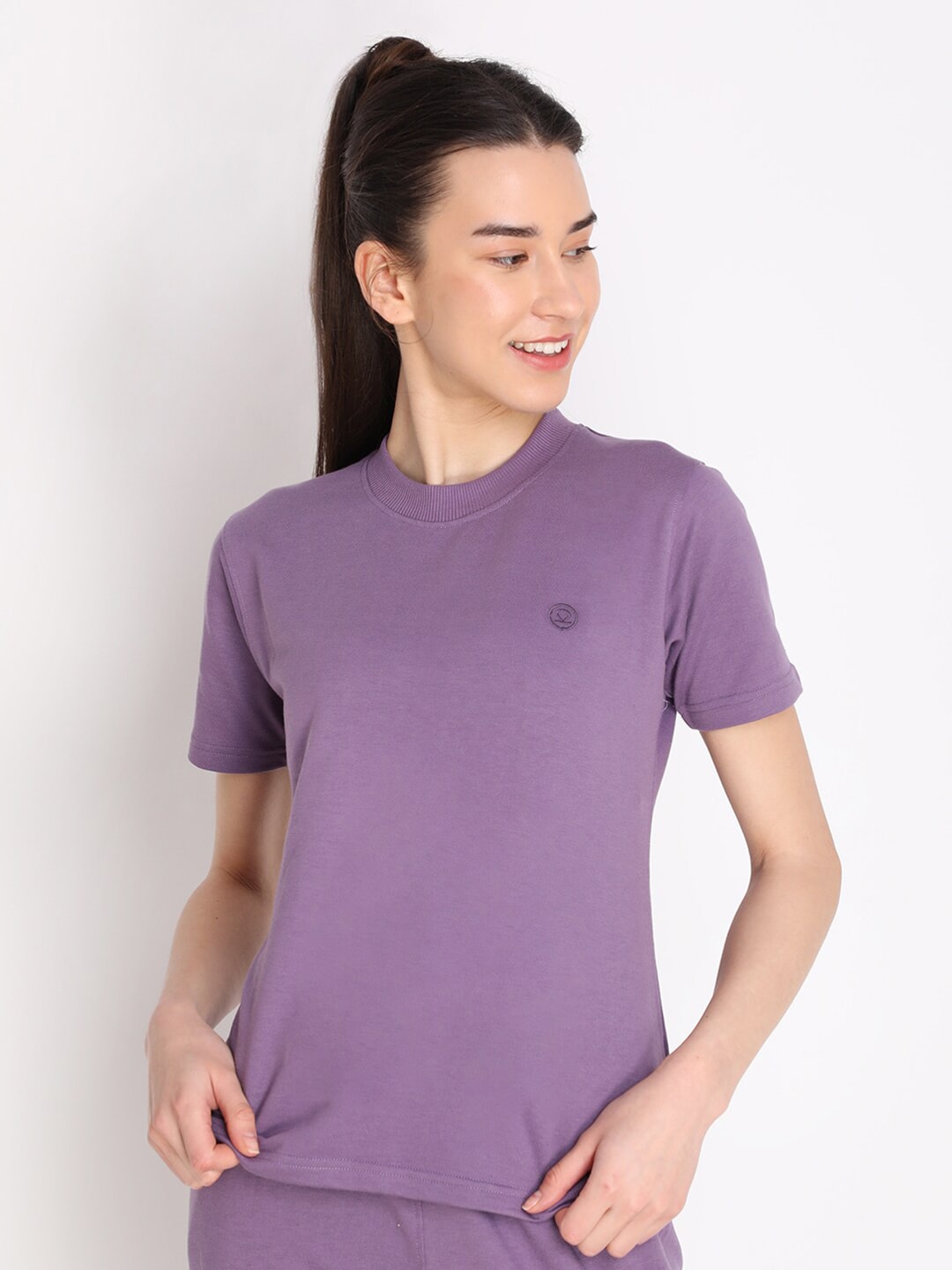 Chkokko Women Purple Solid Cotton Outdoor T-shirt