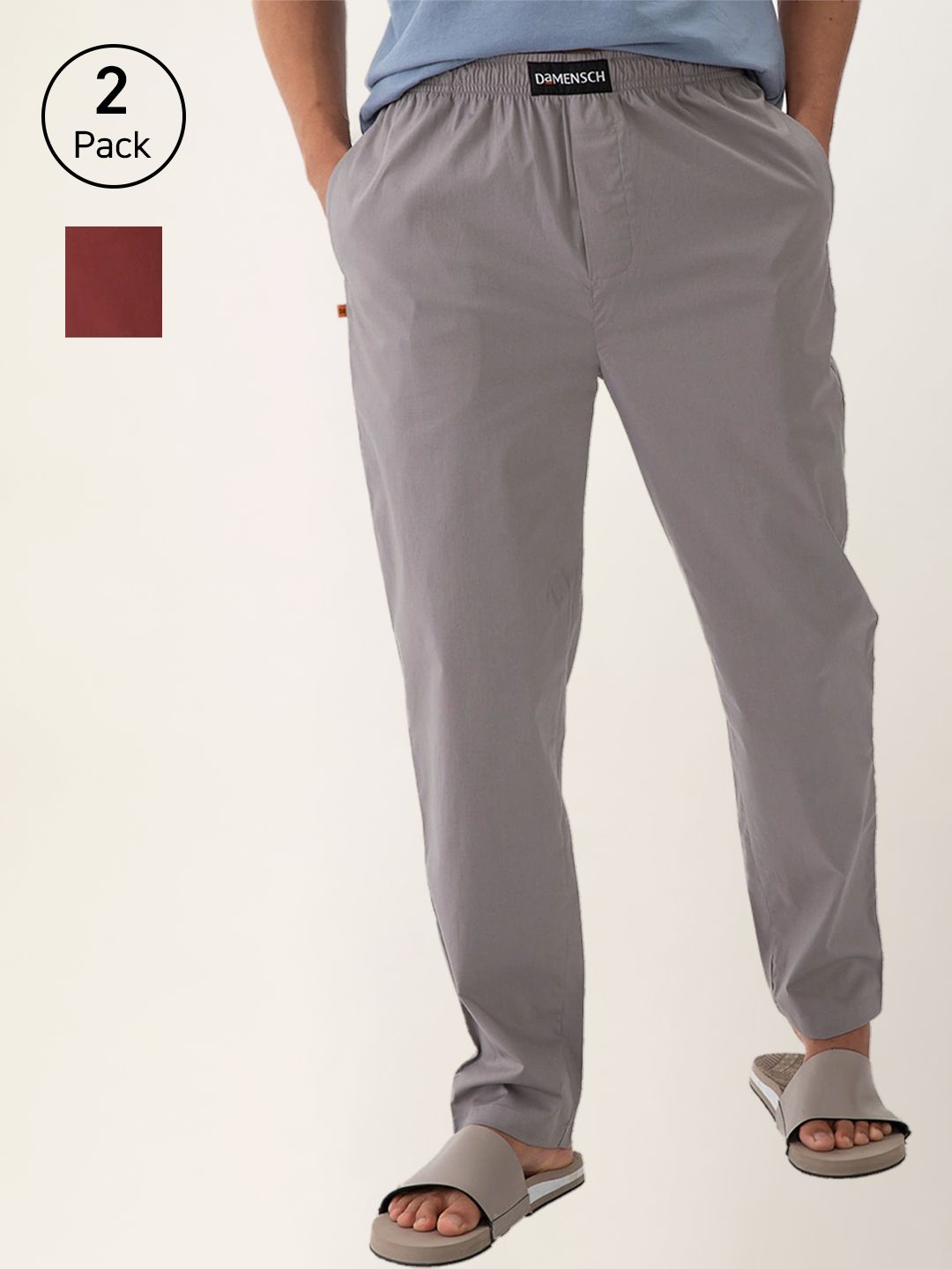 DAMENSCH Men Pack of 2 Solid Stretch Cotton Regular Fit Woven Lounge Pants-picture-12