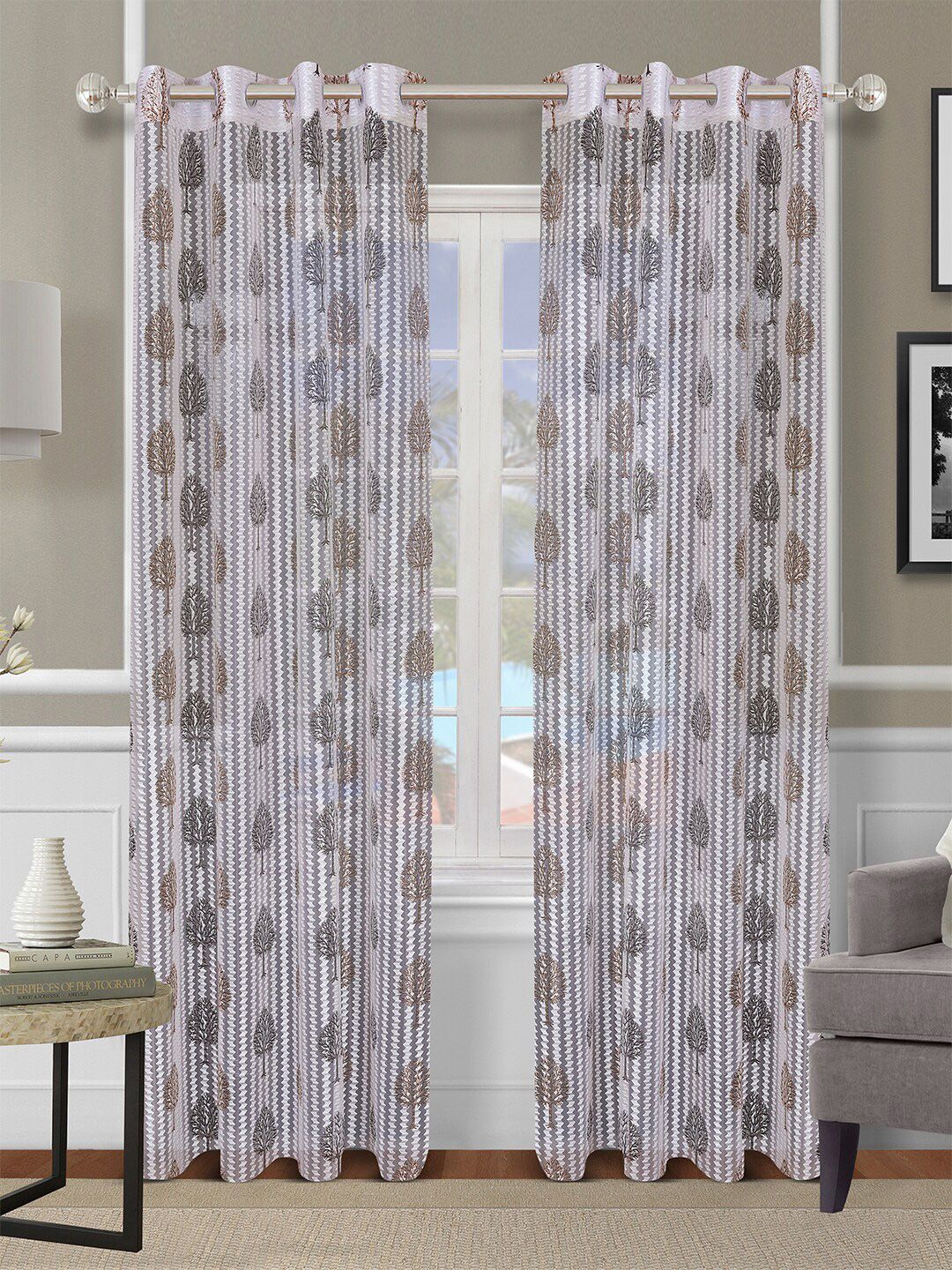 ROMEE Off White & Brown Set of 2 Floral Sheer Long Door Curtains-picture-29