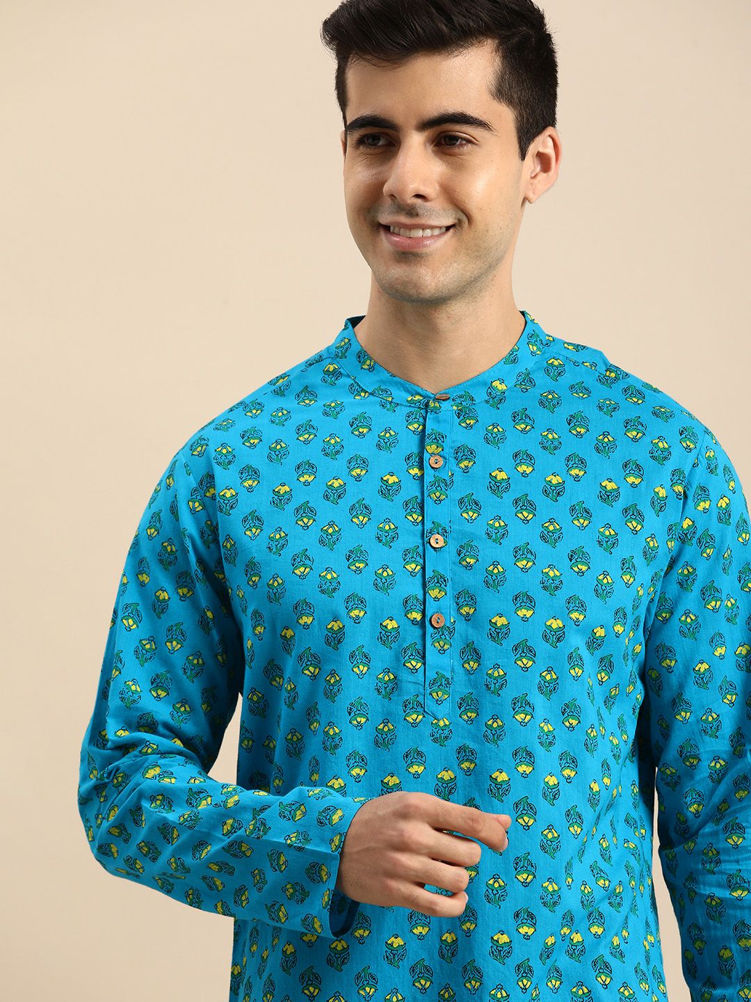 Anouk Men Blue & Yellow Ethnic Motifs Printed Pure Cotton Straight Kurta