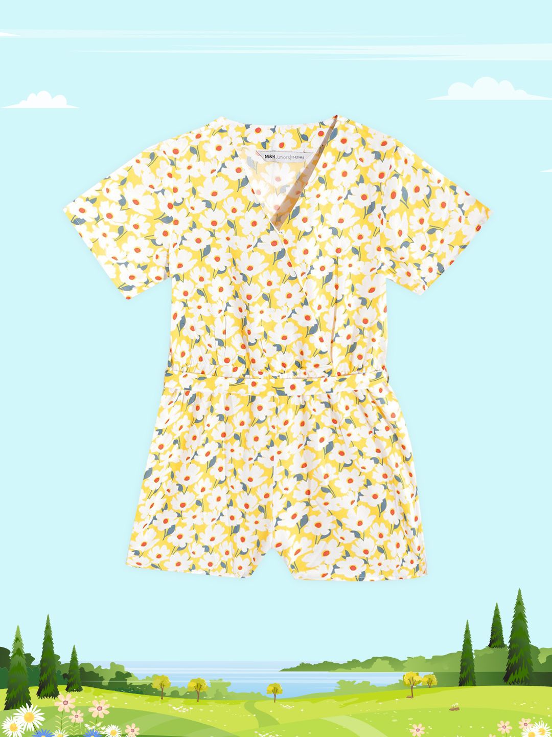 M&H Juniors Girls Yellow & White Floral Printed Playsuit-picture-35