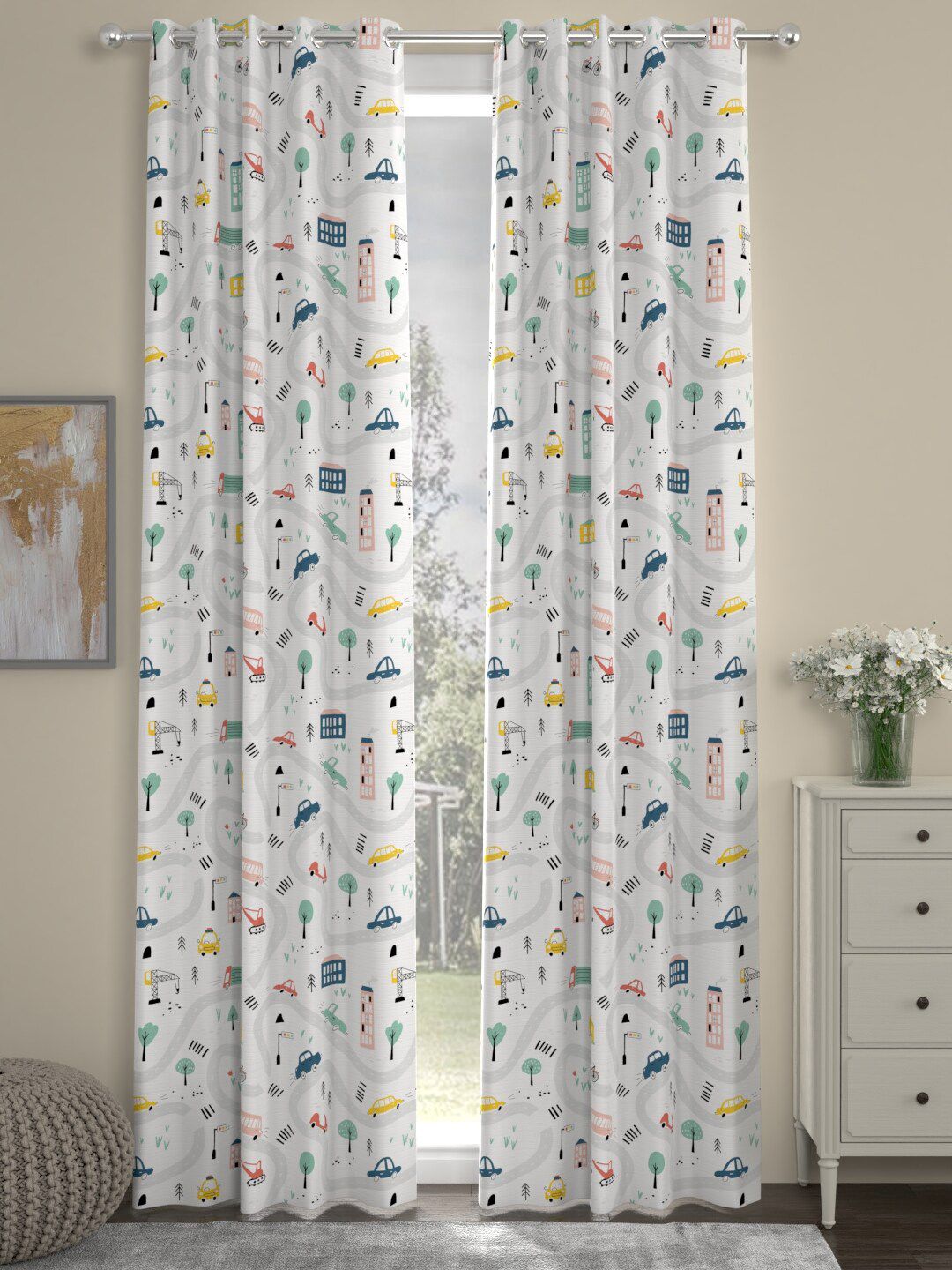 ROSARA HOME White & Blue Set of 2 Long Door Curtain-image-36