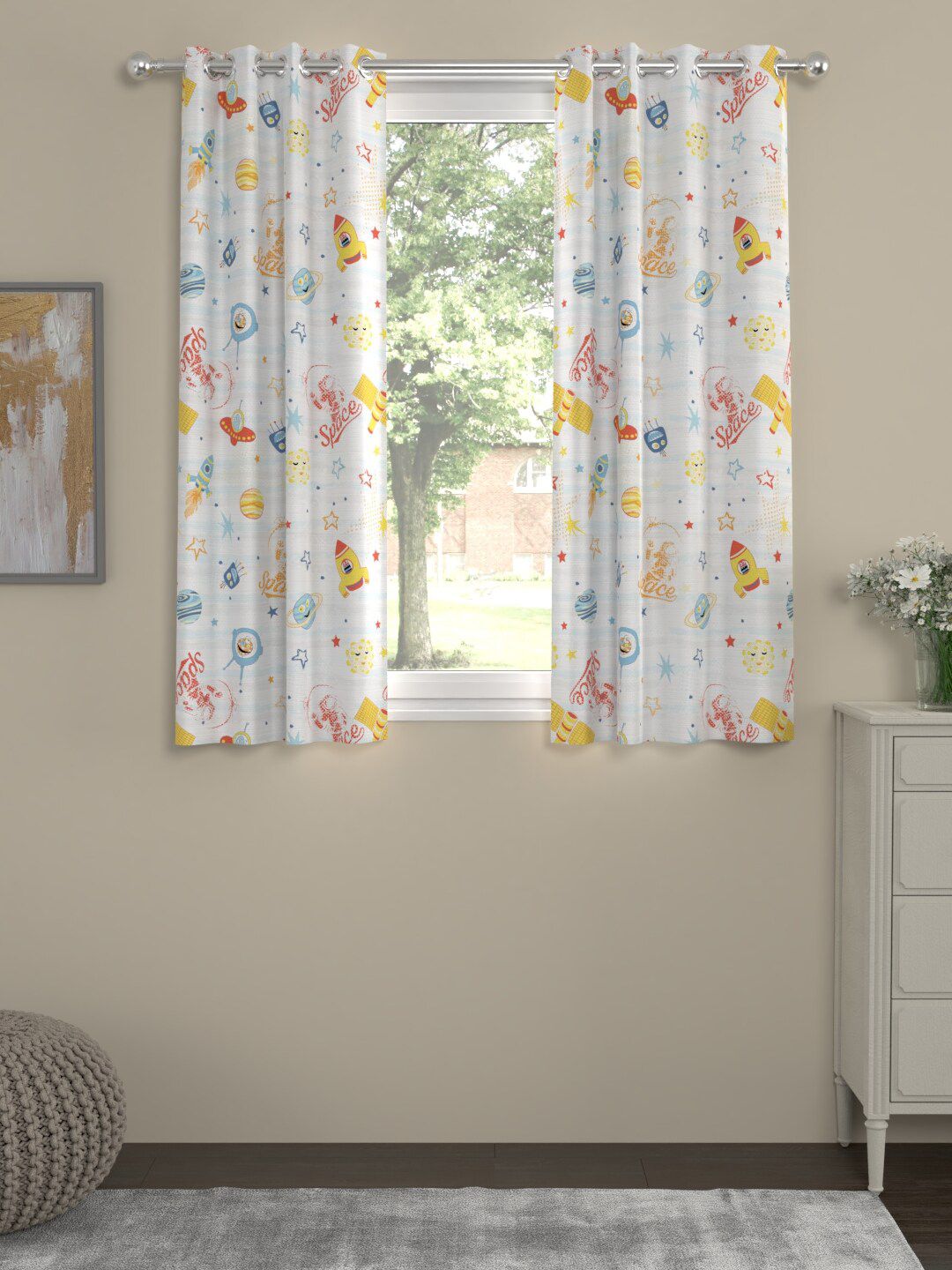 ROSARA HOME White & Yellow Set of 2 Geometric Window Curtain-image-34