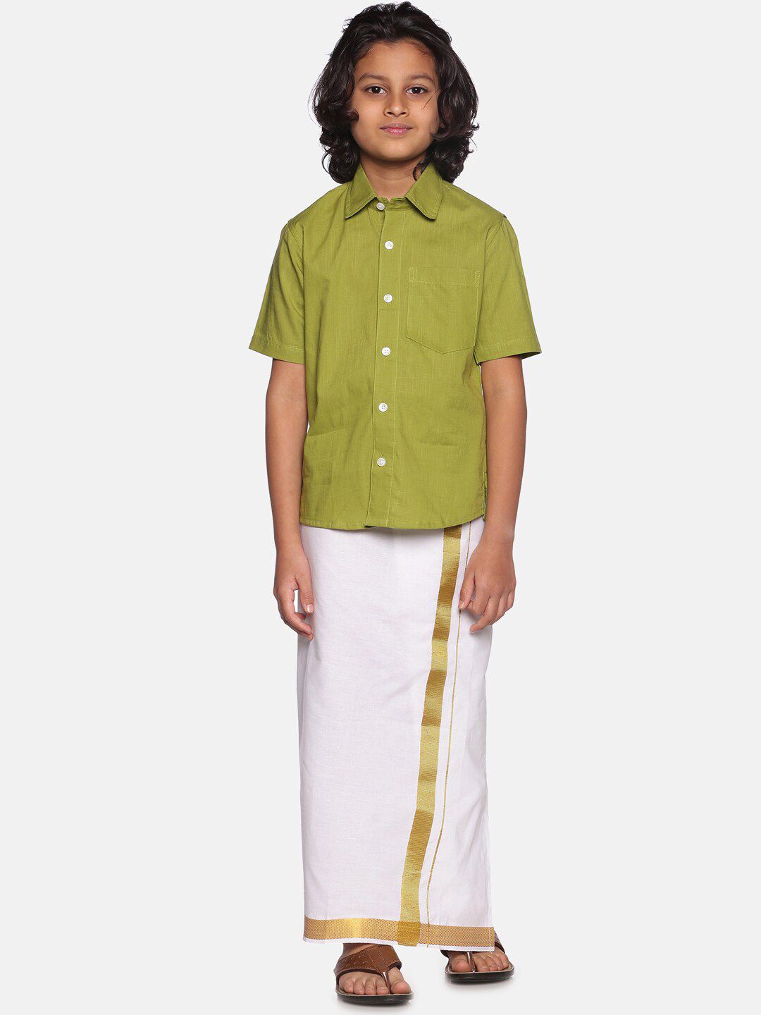 Sethukrishna Boys Green & White Solid Pure Cotton Shirt with Readymade Dhoti-picture-42