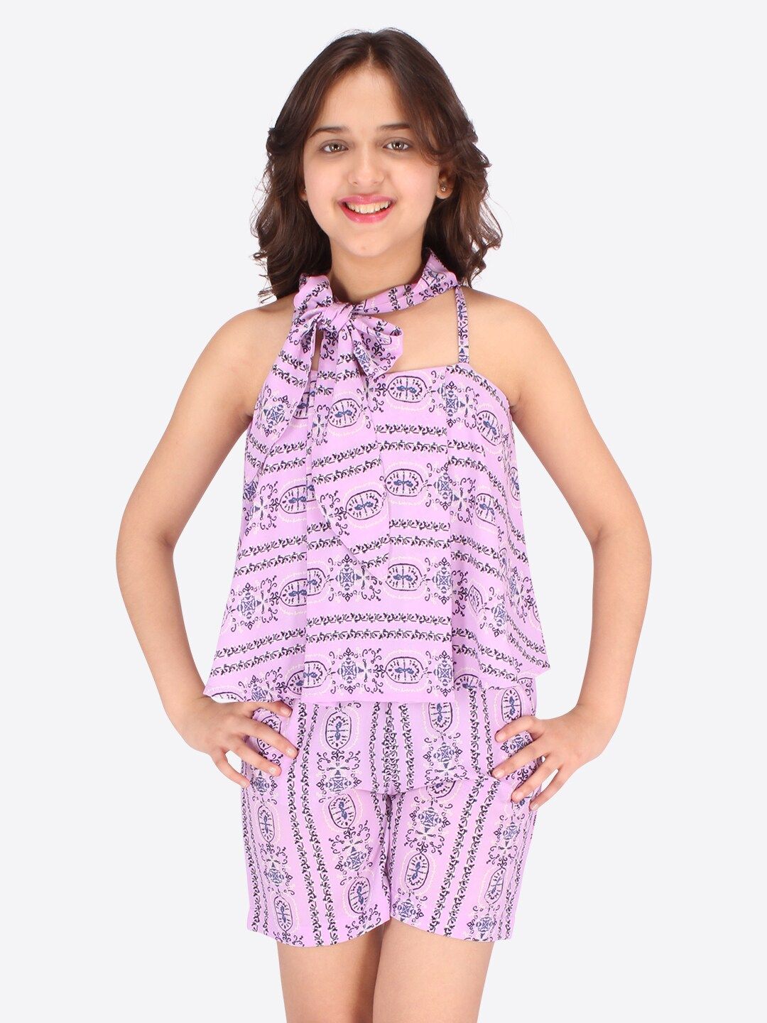 CUTECUMBER Girls Purple Printed with Ruffles Jumpsuit-picture-33