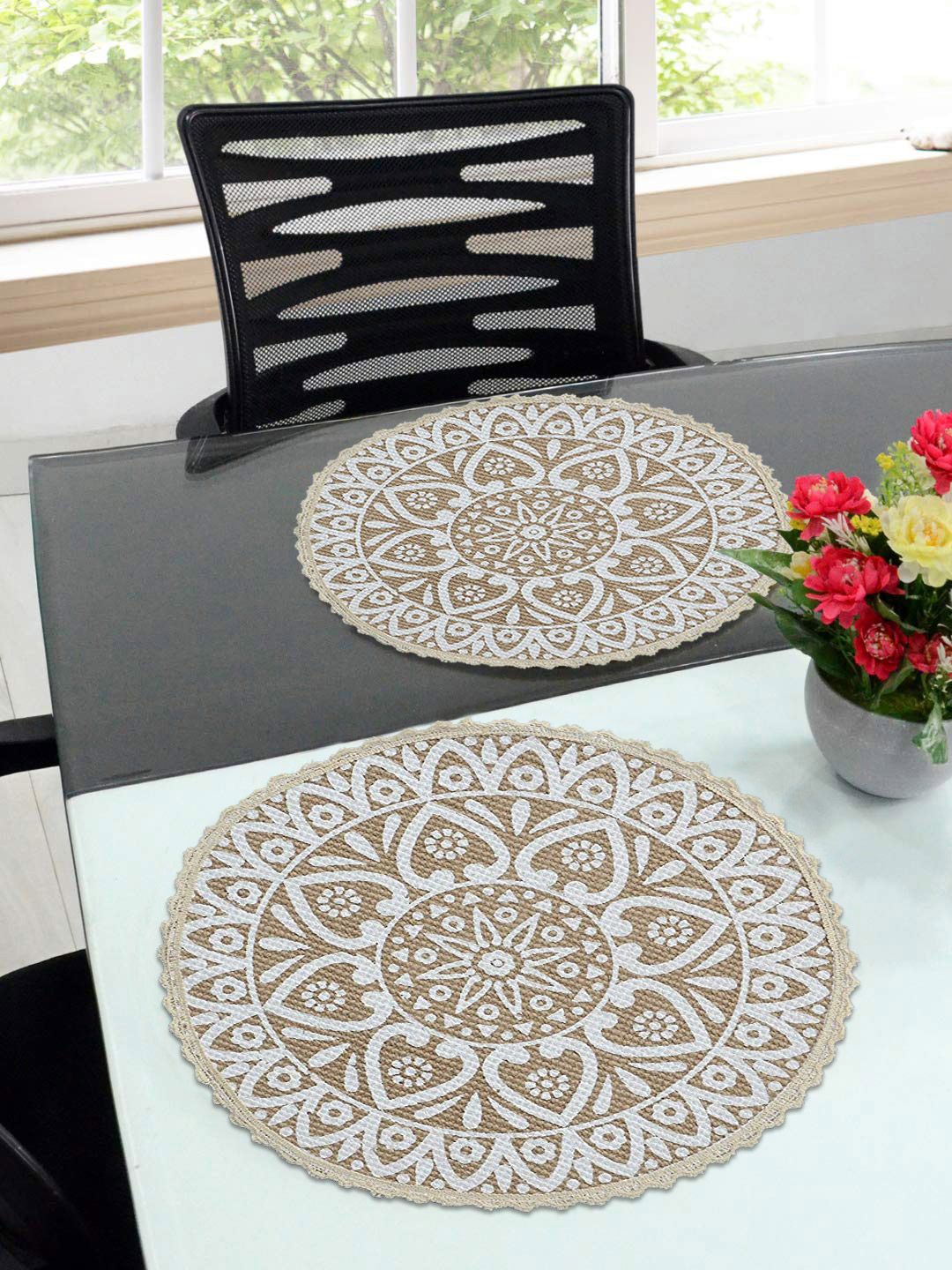 Saral Home Set Of 2 Beige Printed Cotton Round Table Placemats-image-16