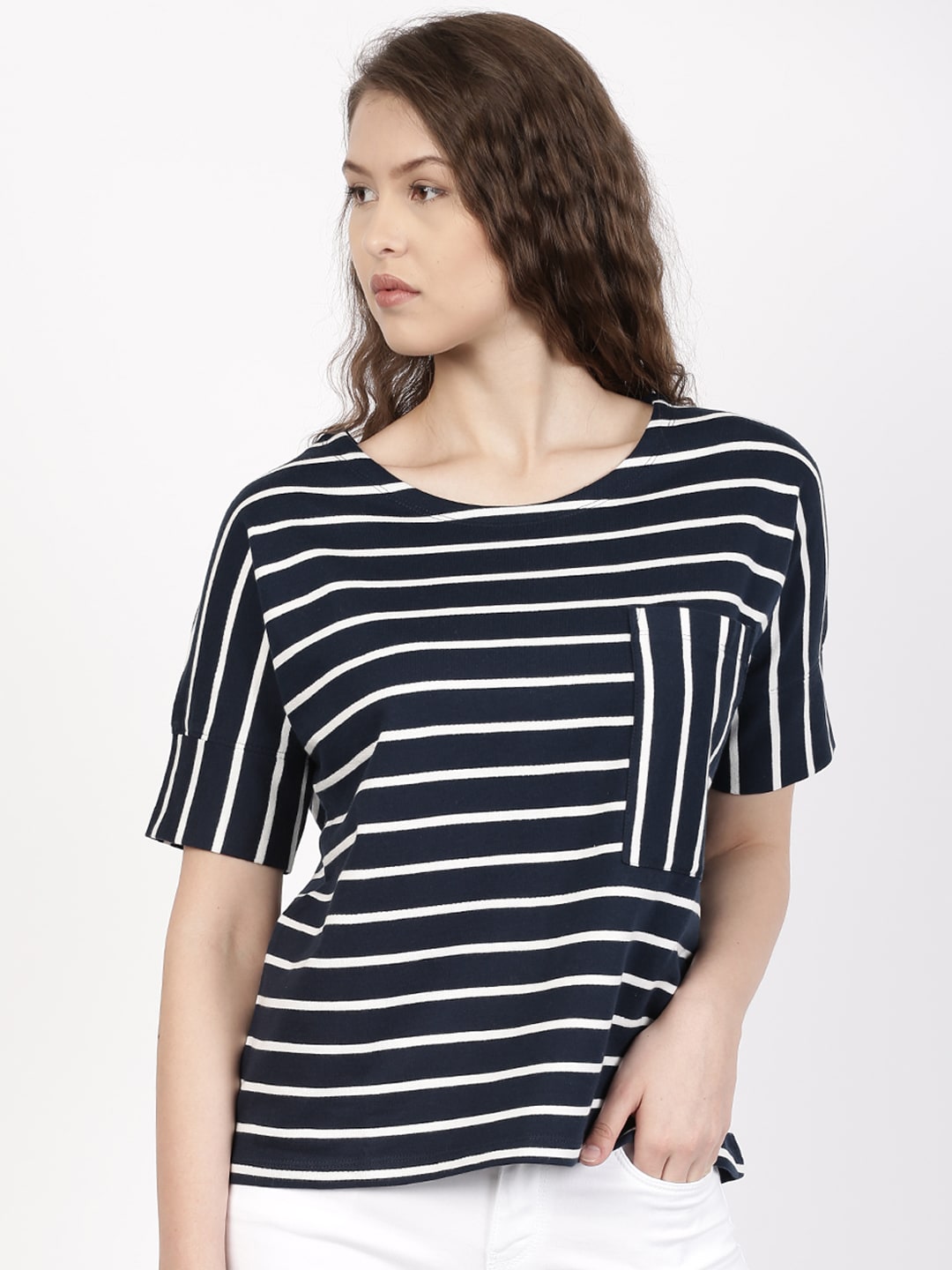 ether Women Navy & White Striped Round Neck Extended Sleeve Chest Pocket T-shirt