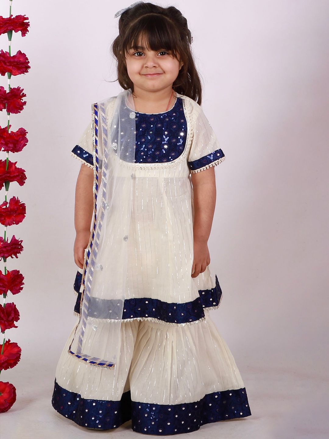 Little Bansi Girls Cream-Coloured Striped Sequinned Kurta with Palazzos & Dupatta-picture-38