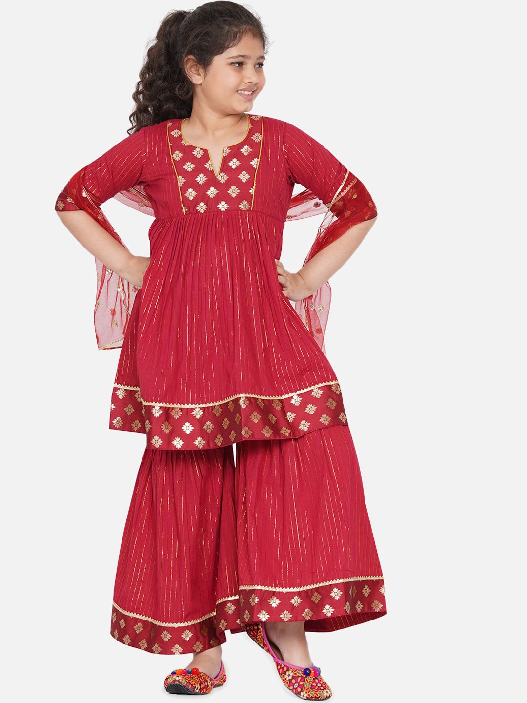 Little Bansi Girls Red Striped Gotta Patti Brocade Kurti with Sharara & Dupatta-picture-37