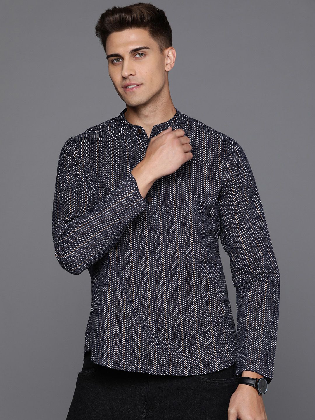 Indo Era Men Navy Blue & Beige Geometric Printed Indigo Cotton Kurta-picture-40