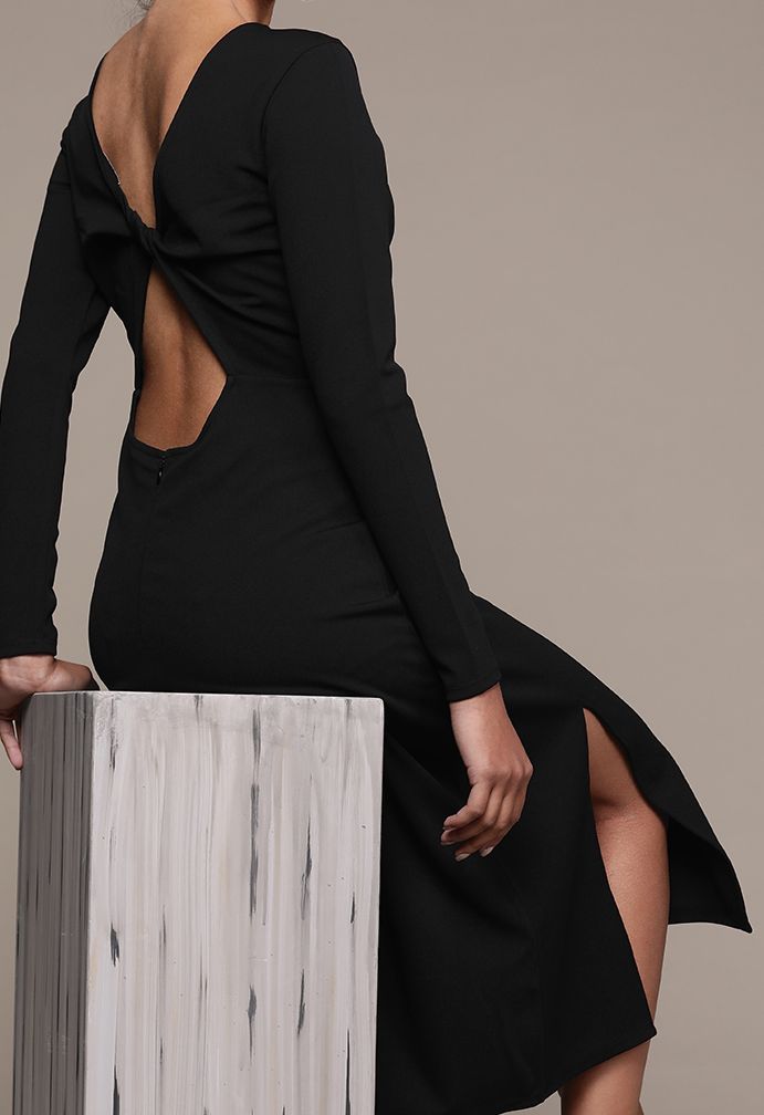 Buy bebe Women Black AM-PM Solid Styled Back Slit Detail A-Line Midi Dress  - Dresses for Women 17647000 | Myntra