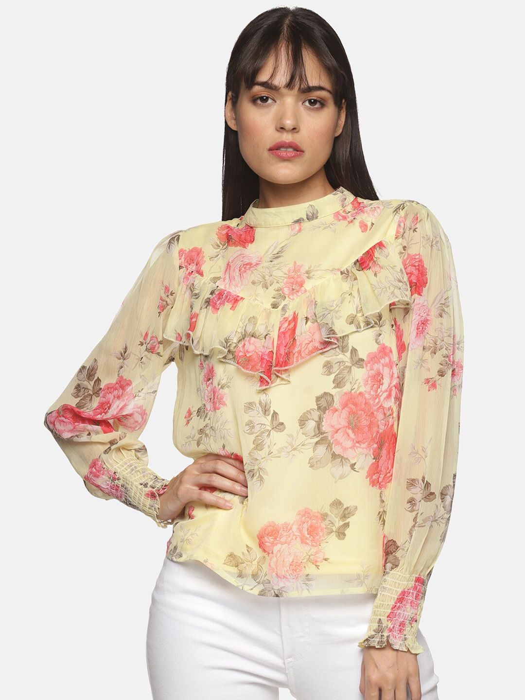 ISU Yellow & Pink Floral Print Chiffon Top-image-32
