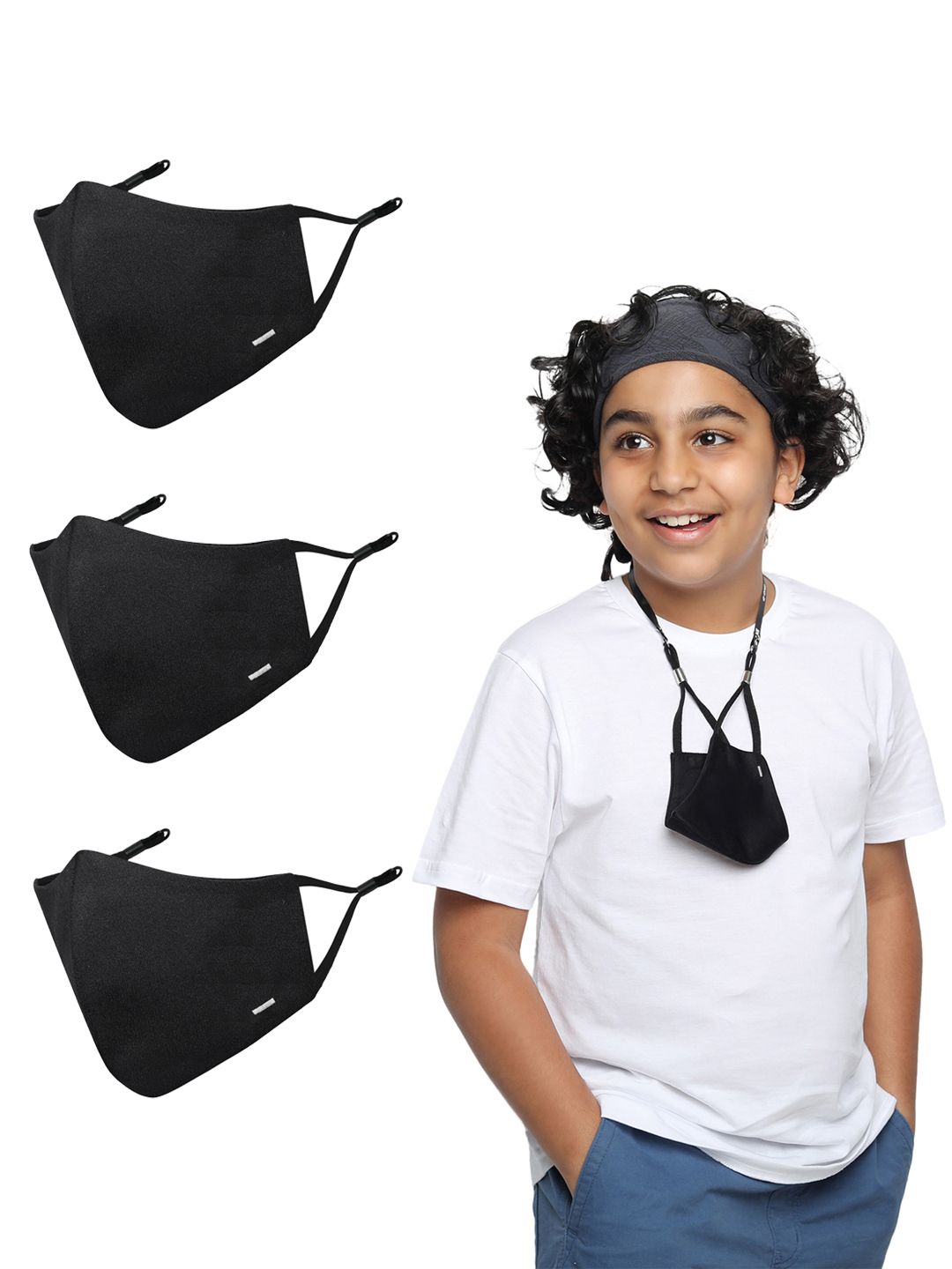 MASQ Kids Pack Of 3 Black Solid 4-Ply Outdoor Cotton Cloth Masks