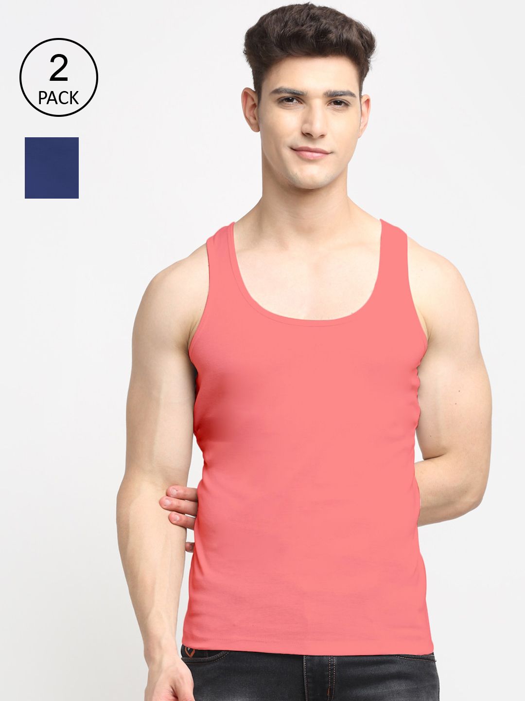 Friskers Men Peach & Blue Solid Pure Cotton Innerwear Vests Pack Of 2-picture-32