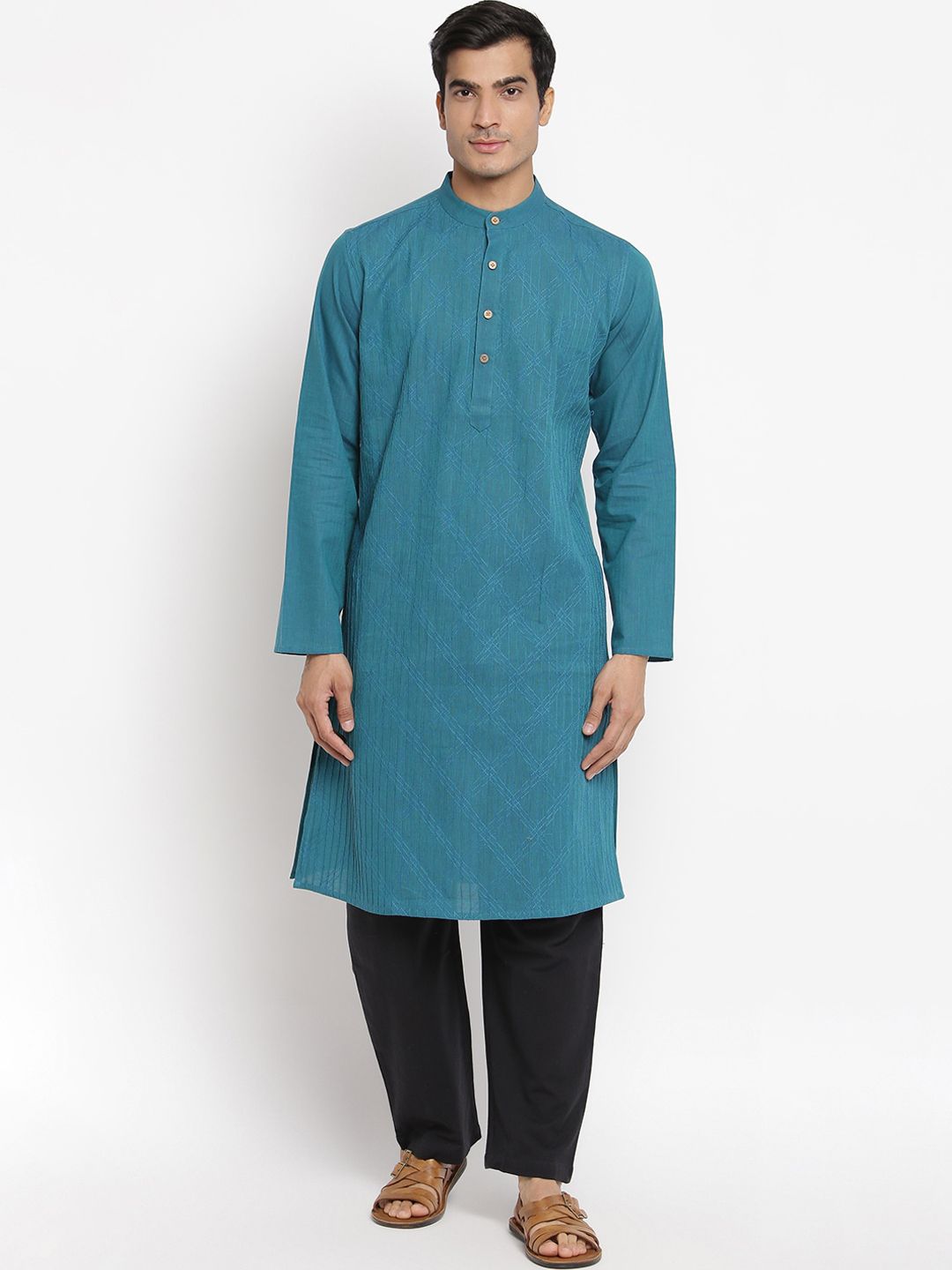 Indus Route by Pantaloons Teal Blue Regular Fit Embroidered Kurta