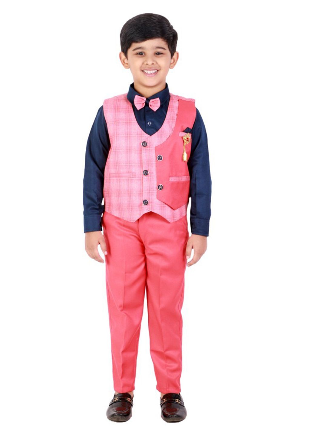FOURFOLDS Boys Pink Self Design & Navy Blue Shirt with Trousers-picture-48