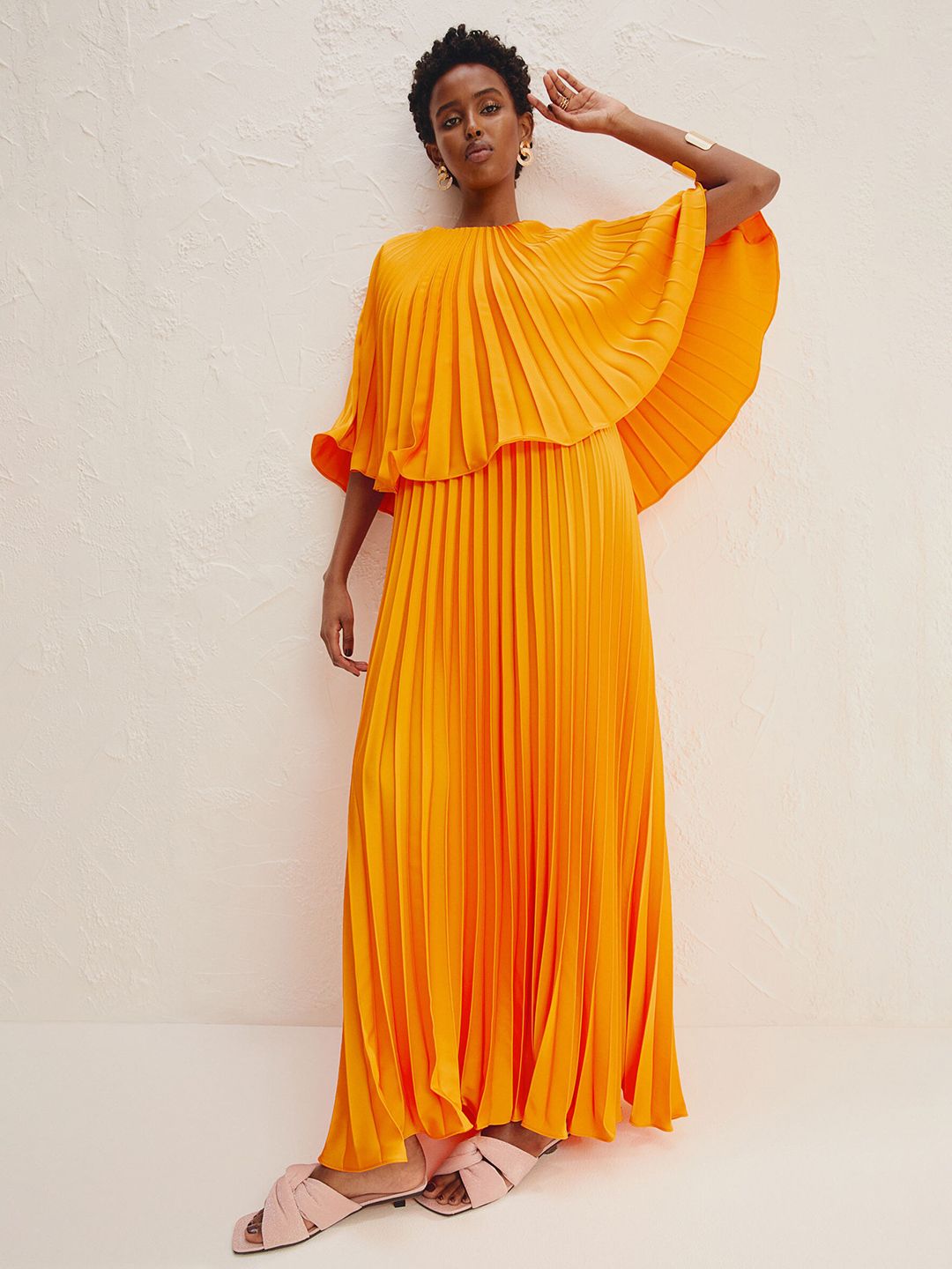 h&m orange pleated dress Women's Orange Godet-pleated jersey dress