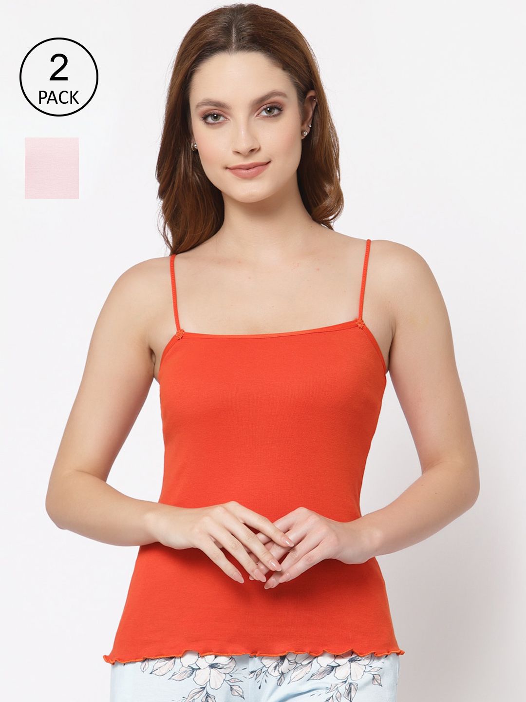 Floret Women Pack Of 2 Orange & Pink Solid Camisoles-image-35