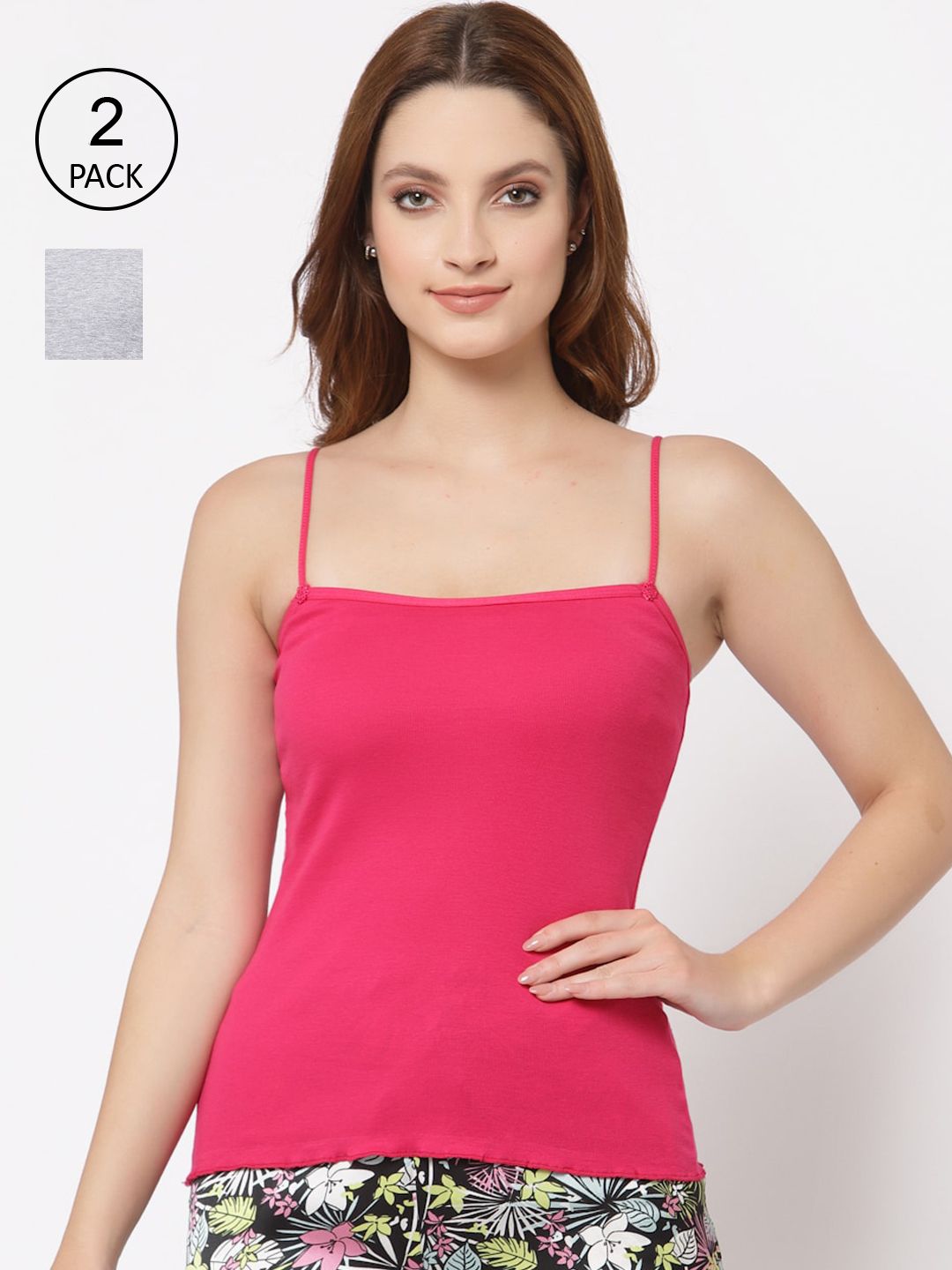 Floret Women Pack Of 2 Magenta And Grey Solid Cotton Camisoles-picture-45