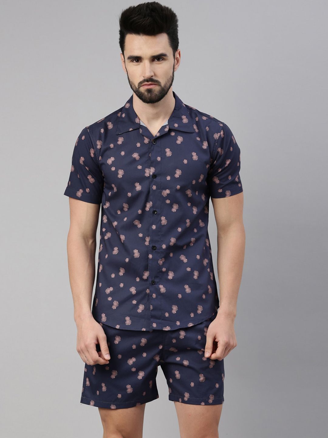 TRUNDZ Men Navy Blue & Pink Floral Printed Night Suit-picture-36