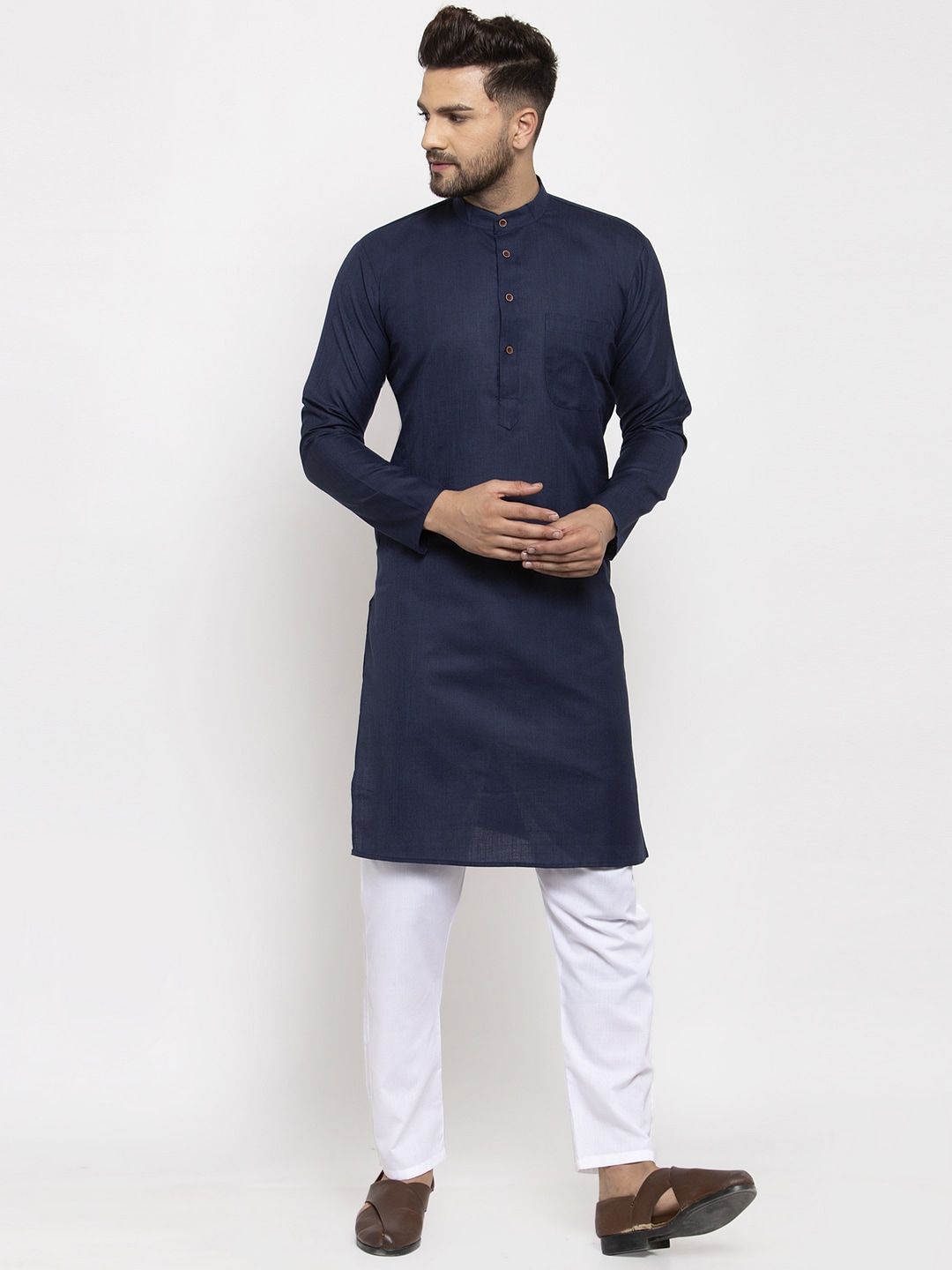 Jompers Men Navy Blue Cotton Kurta with Pyjamas-picture-27