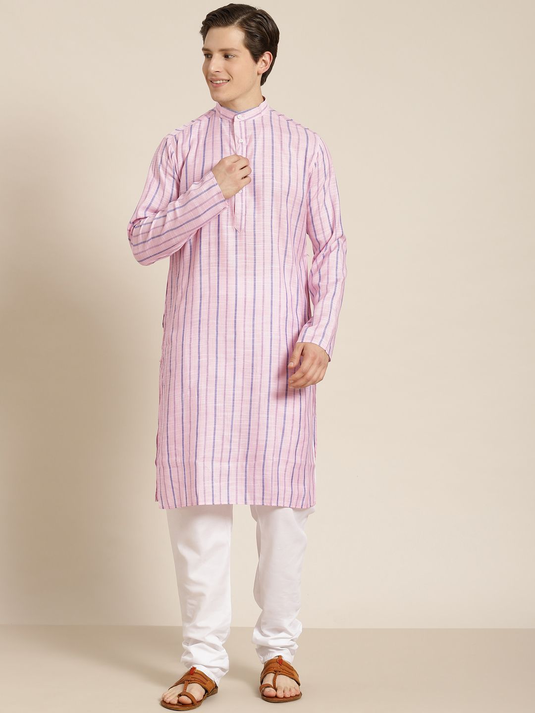 SOJANYA Men Pink Pure Cotton Striped Kurta with Churidar-picture-21
