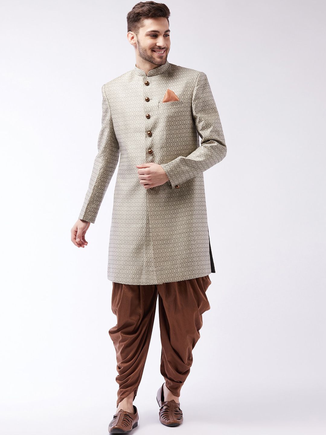 Vastramay Men Beige & Coffee Brown Woven Design Banarasi Silk Jacquard Sherwani Set