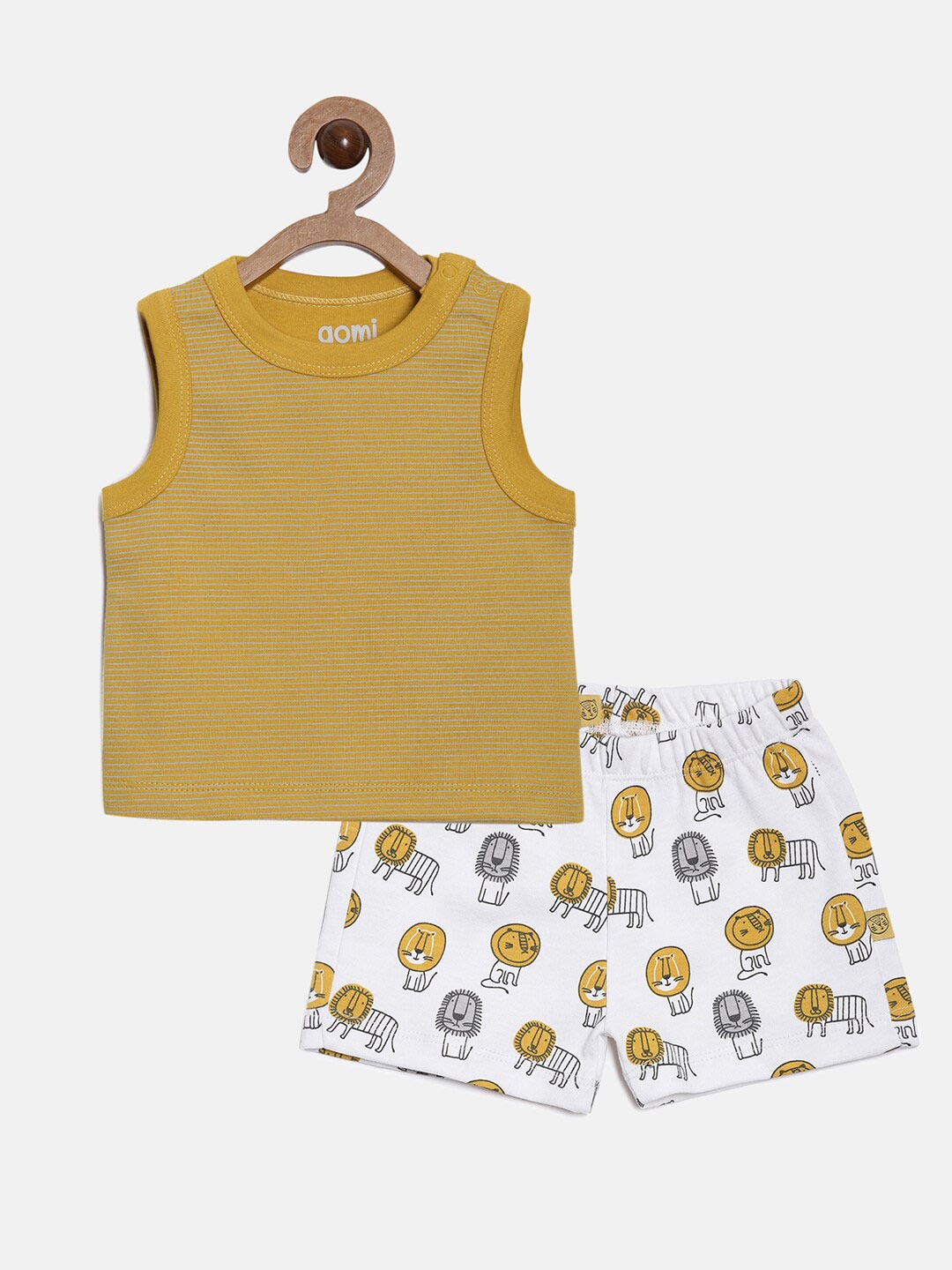 Aomi Boys Mustard & White Printed Pure Cotton T-shirt with Shorts
