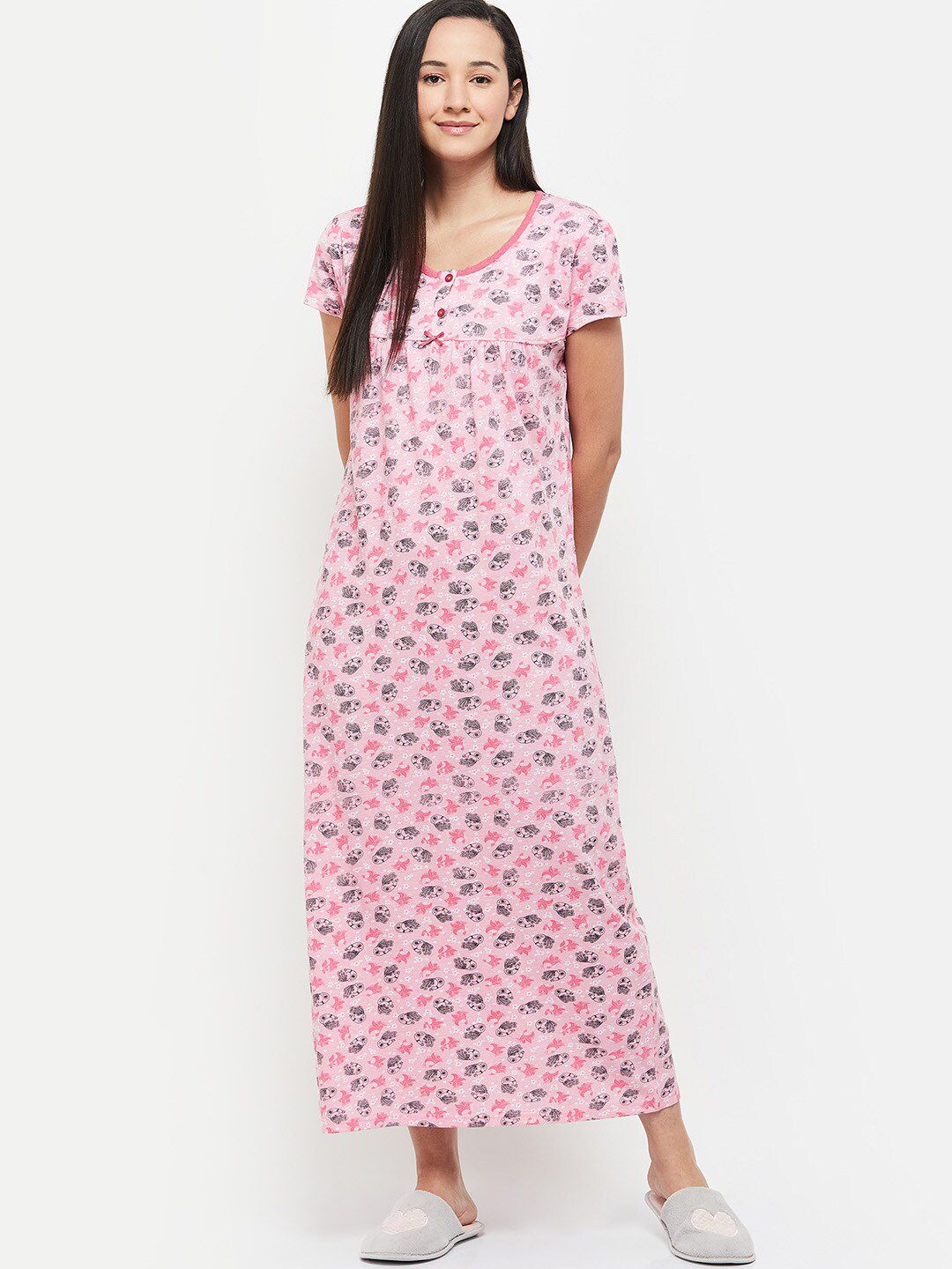 max Pink & Black Conversational Printed Pure Cotton Maxi Nightdress-image-29