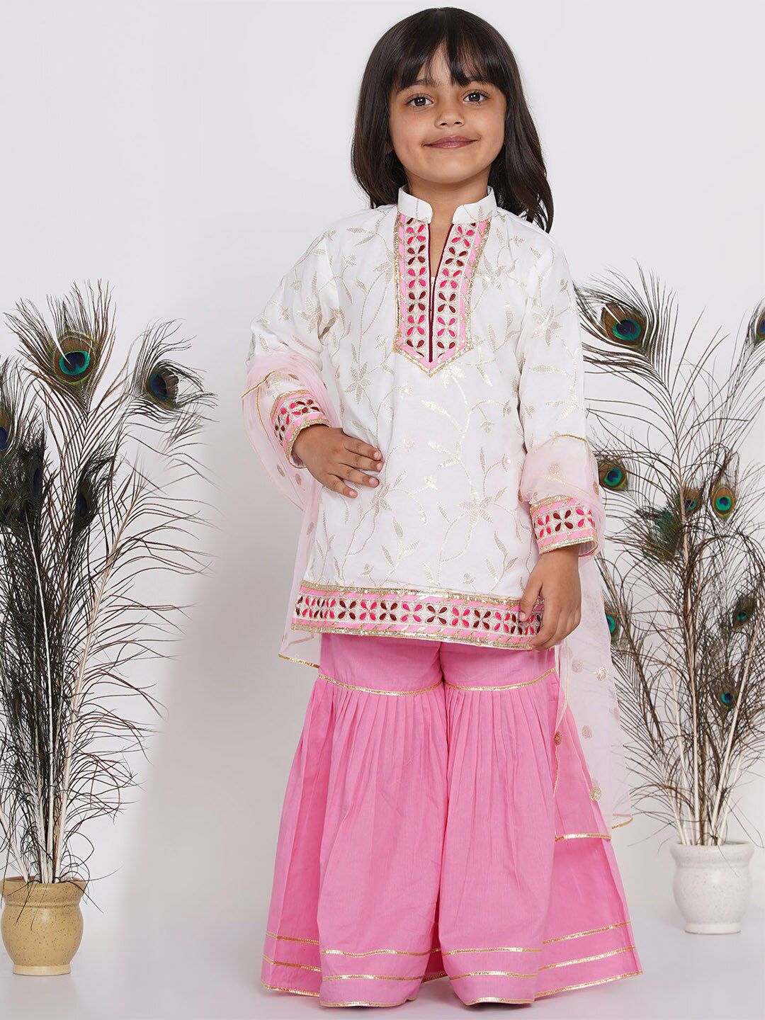 Little Bansi Girls Pink & White Embroidered Kurti With Sharara & Dupatta-picture-11