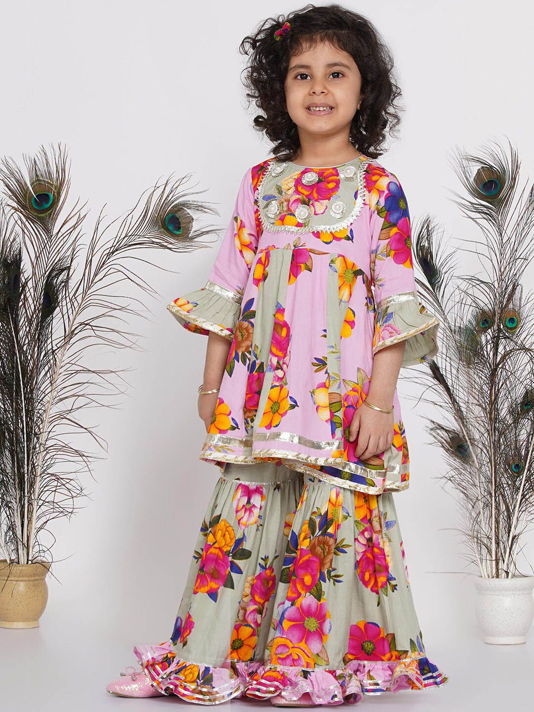 Little Bansi Girls Pink & Green Floral Printed Gotta Patti Kurta with Sharara-picture-33