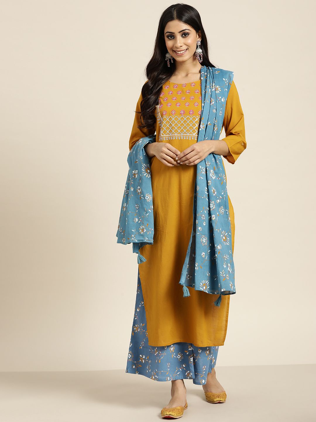 Sangria Women Mustard YellowYoke Design Mirror Work Cotton Kurta with Palazzos & Dupatta-picture-24