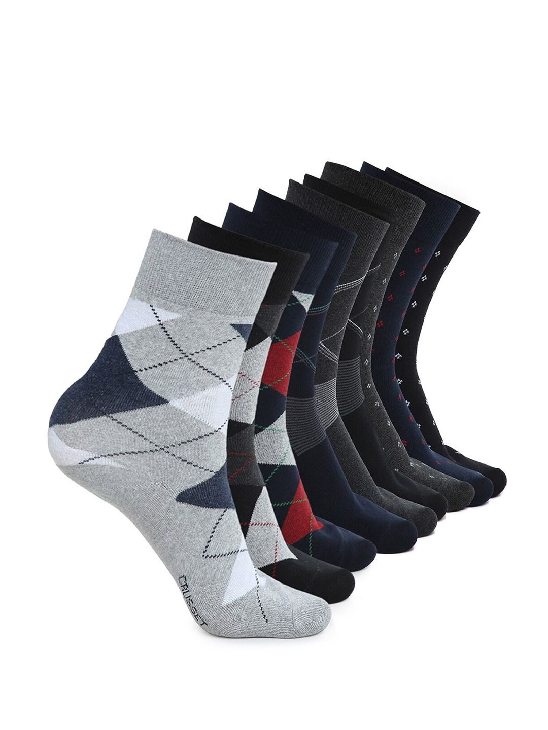 CRUSSET Men Pack Of 9 Assorted Calf-Length Cotton Socks-image-11
