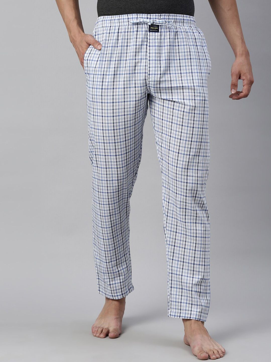 SAVE ₹1056 on Joven Men Blue & White Checked Pure Cotton Lounge Pants