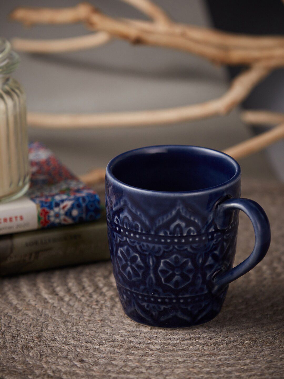 Fabindia Blue Embossed Ceramic Glossy Mug-image-43