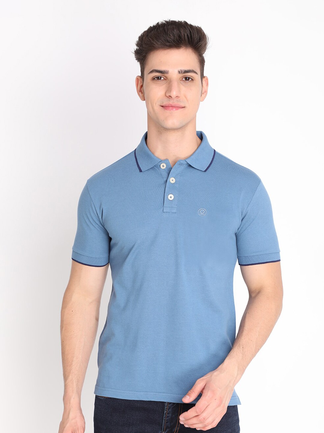 Chkokko Men Blue Solid Polo Collar Cotton Regular Fit Outdoor T-shirt