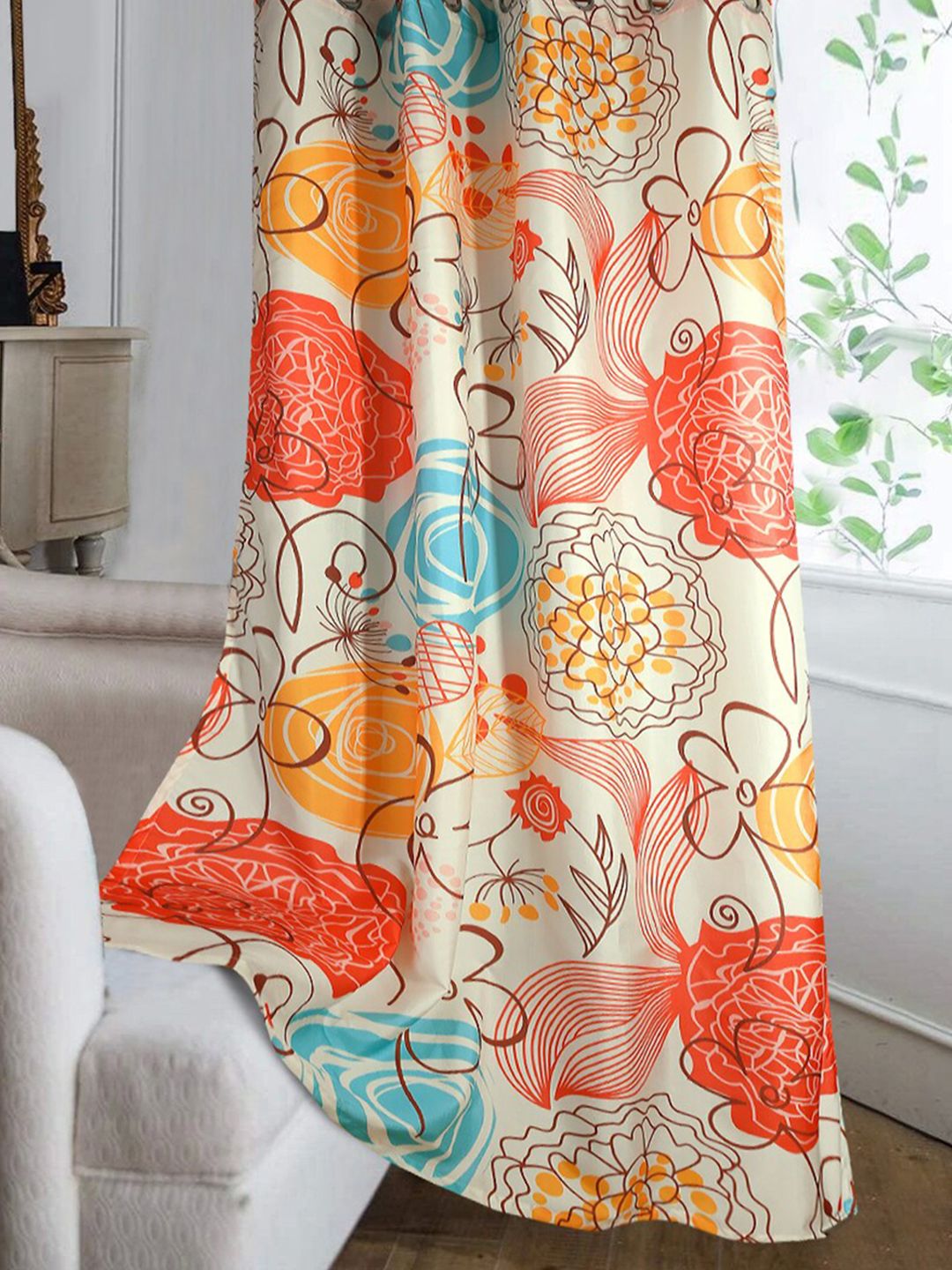 Cortina Red & Cream-Coloured Floral Single Silk Window Curtain-image-18
