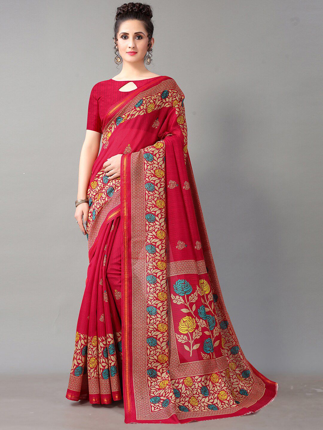 HRITIKA Red & Blue Floral Zari Mysore Silk Saree